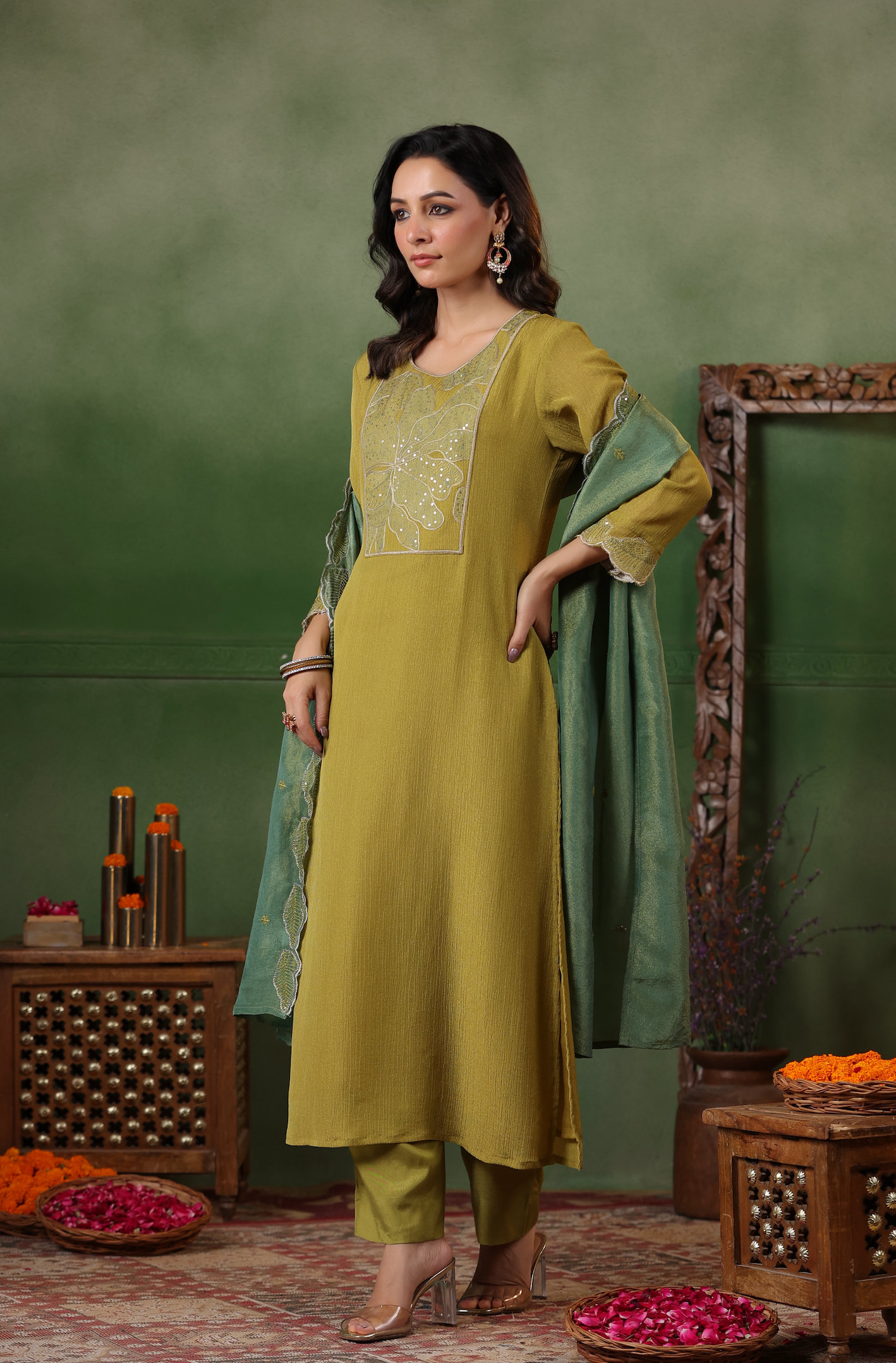 Olive Green Shimmer Suit Set