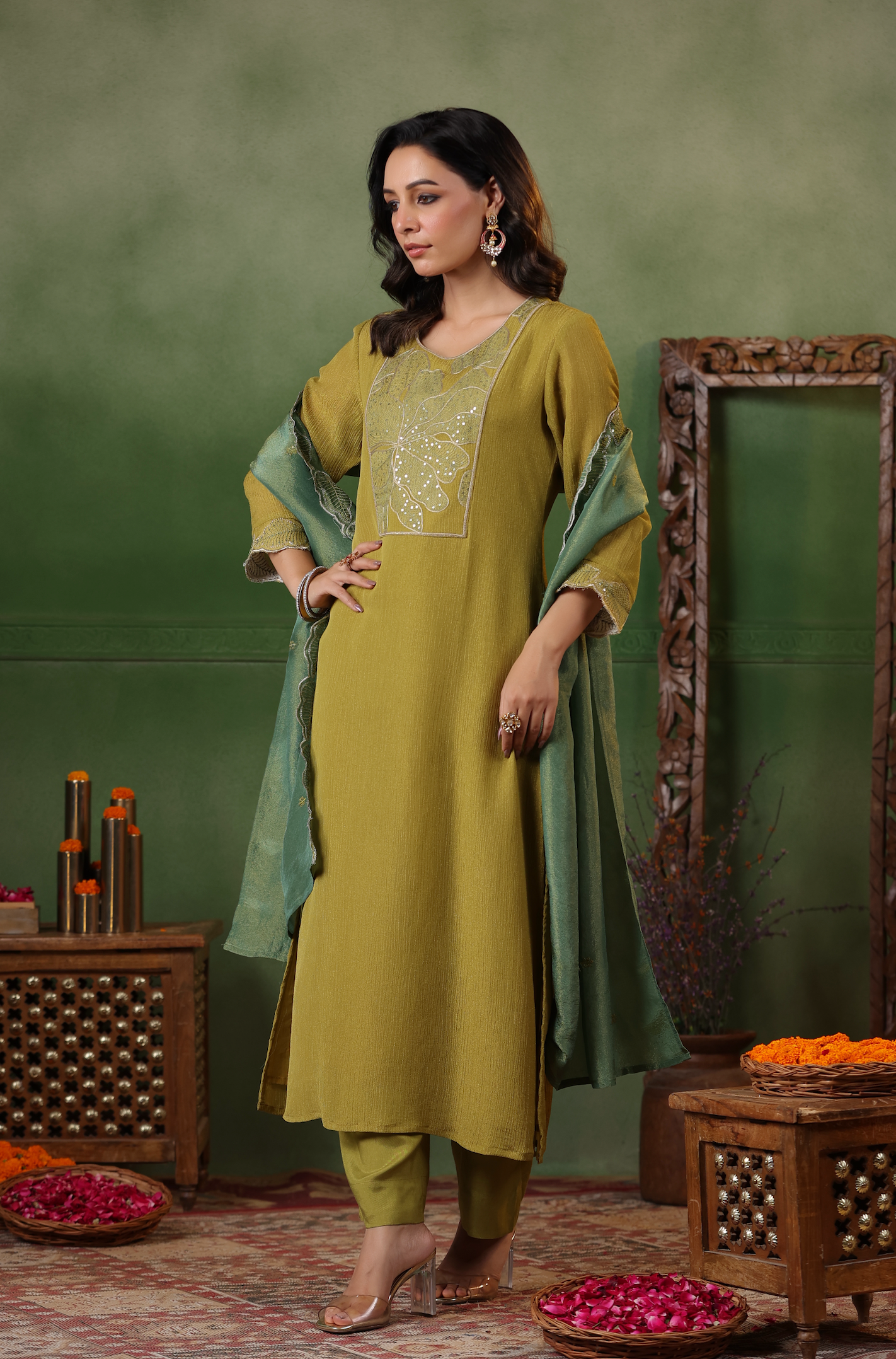 Olive Green Shimmer Suit Set