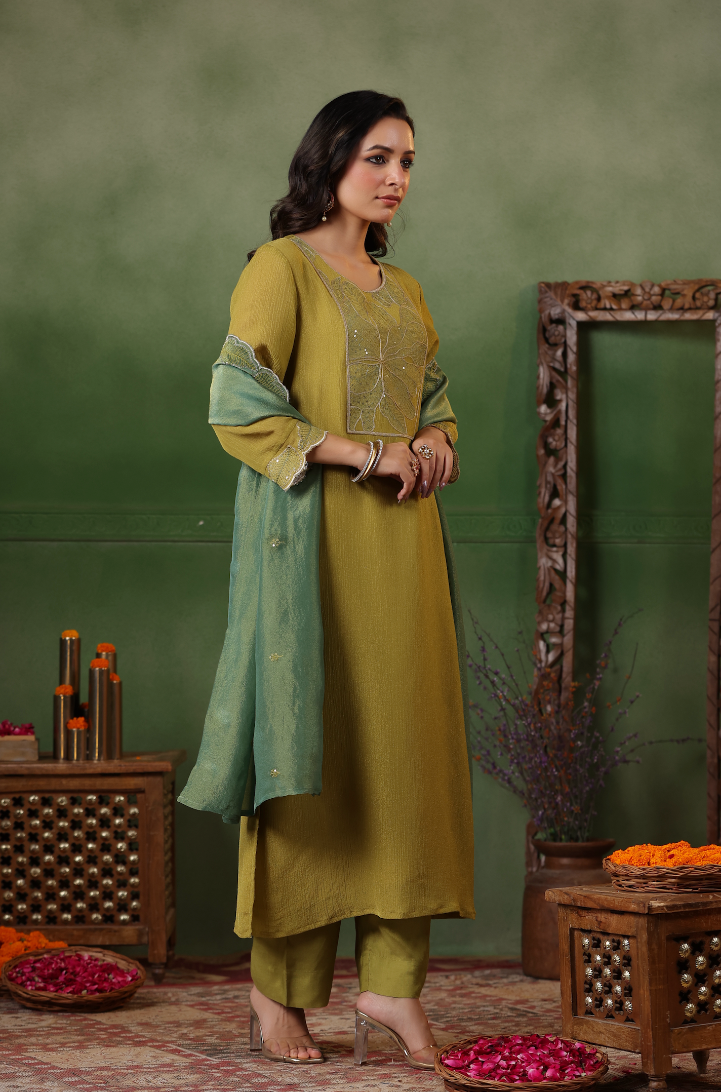 Olive Green Shimmer Suit Set