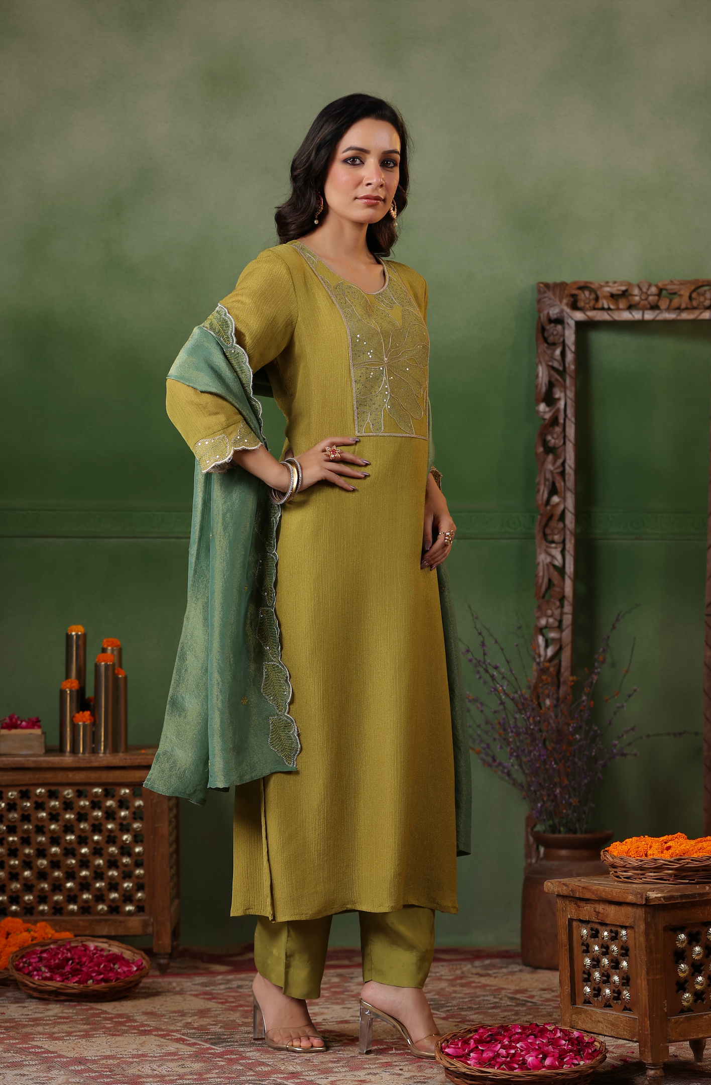Olive Green Shimmer Suit Set