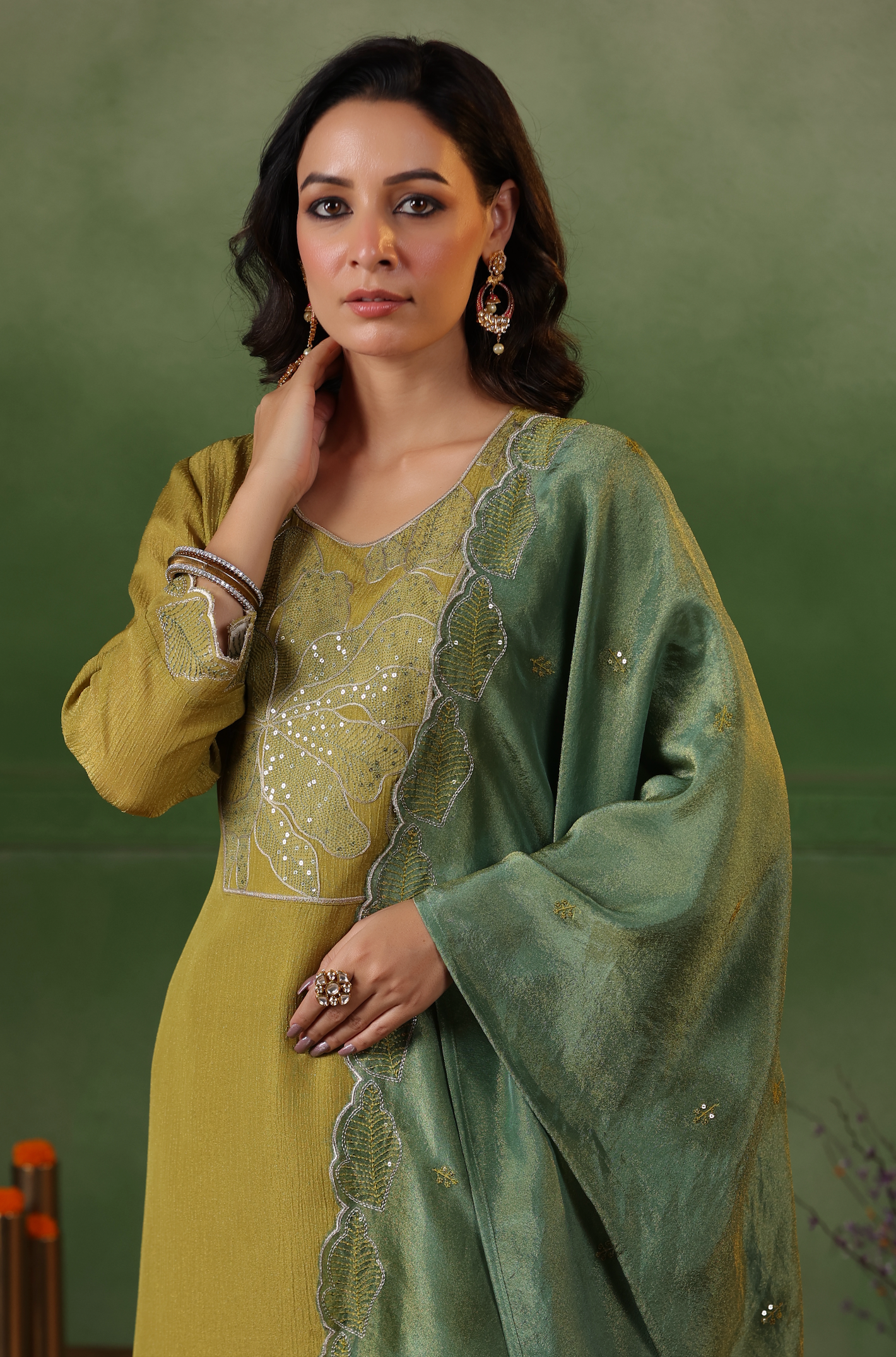 Olive Green Shimmer Suit Set