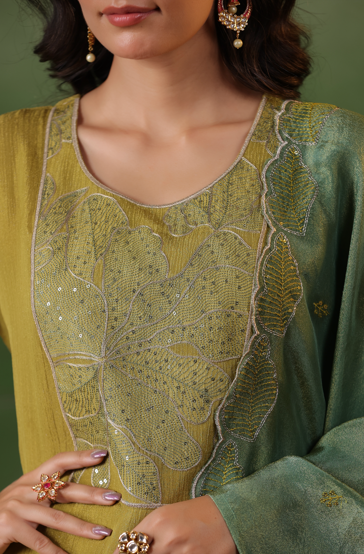 Olive Green Shimmer Suit Set