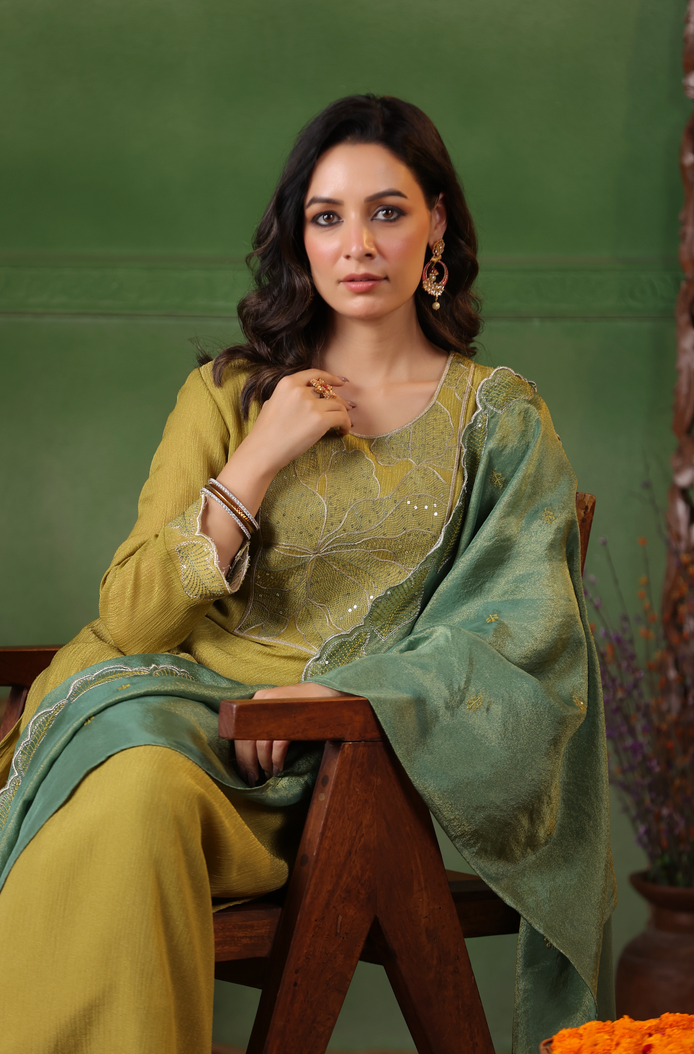 Olive Green Shimmer Suit Set