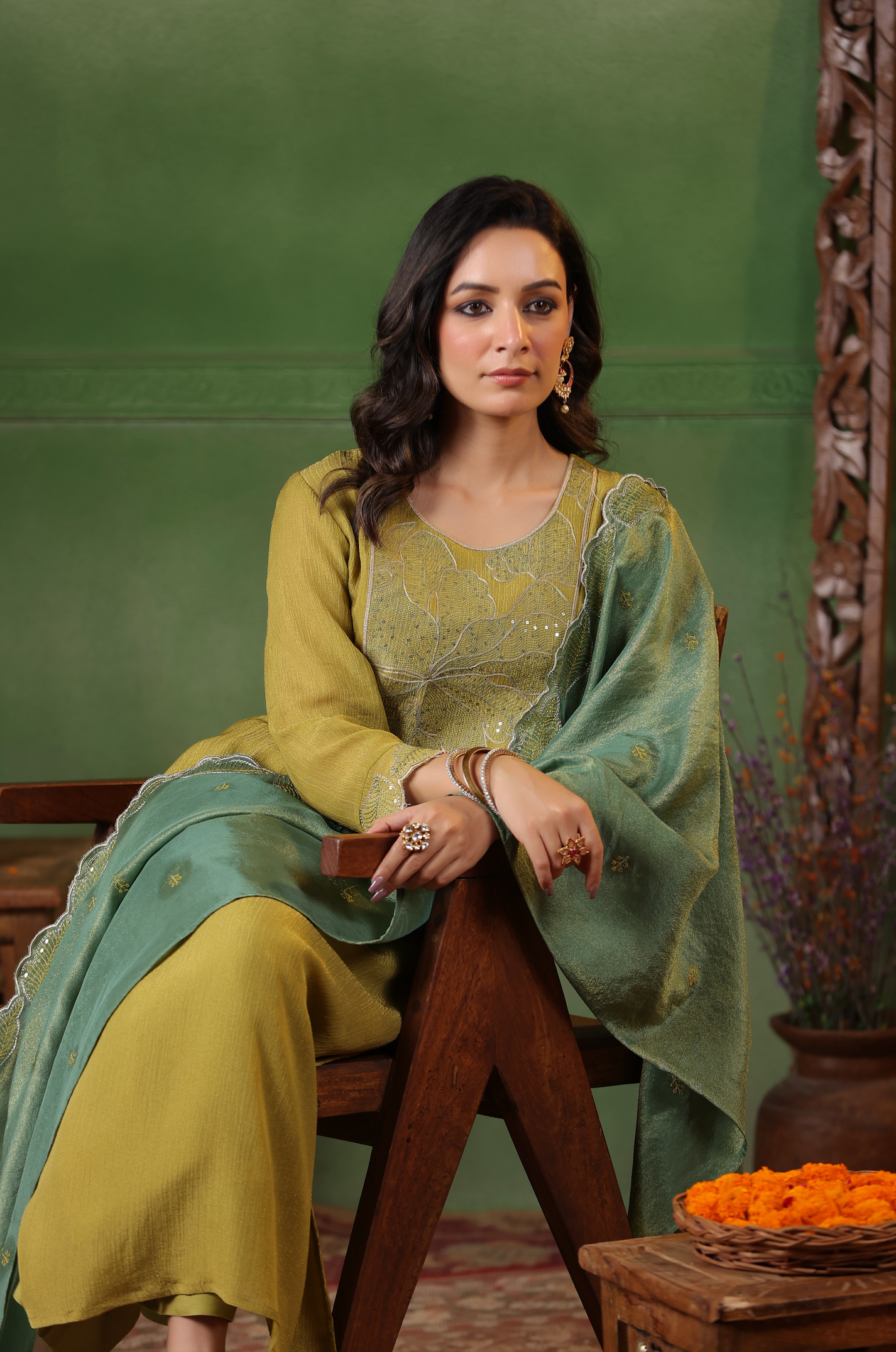 Olive Green Shimmer Suit Set