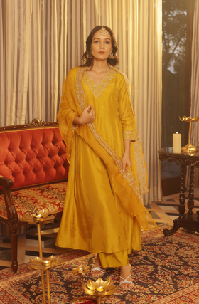 Luxury Mustard Silk Suit Set