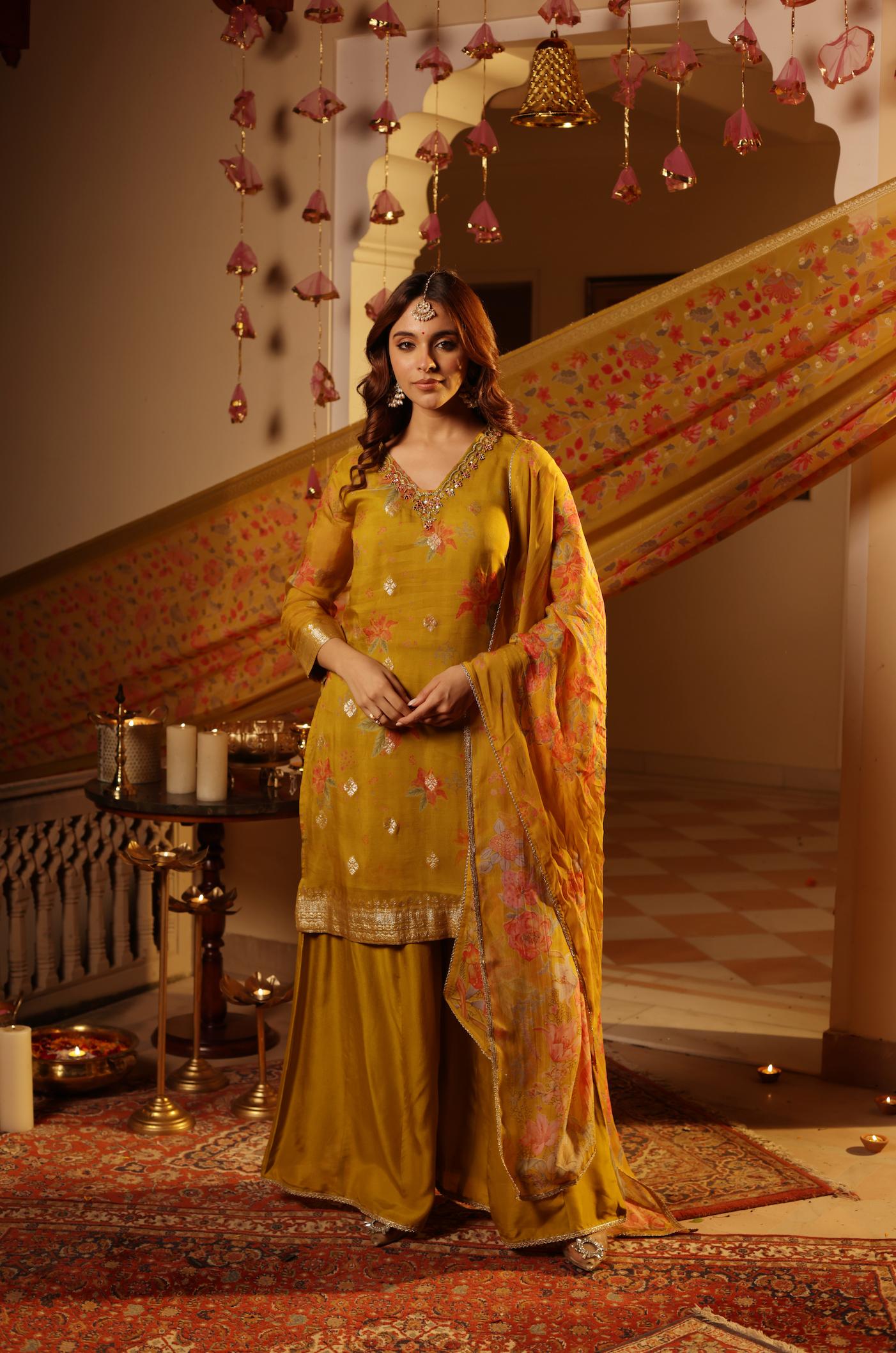 Mustard Organza Straight Suit Set