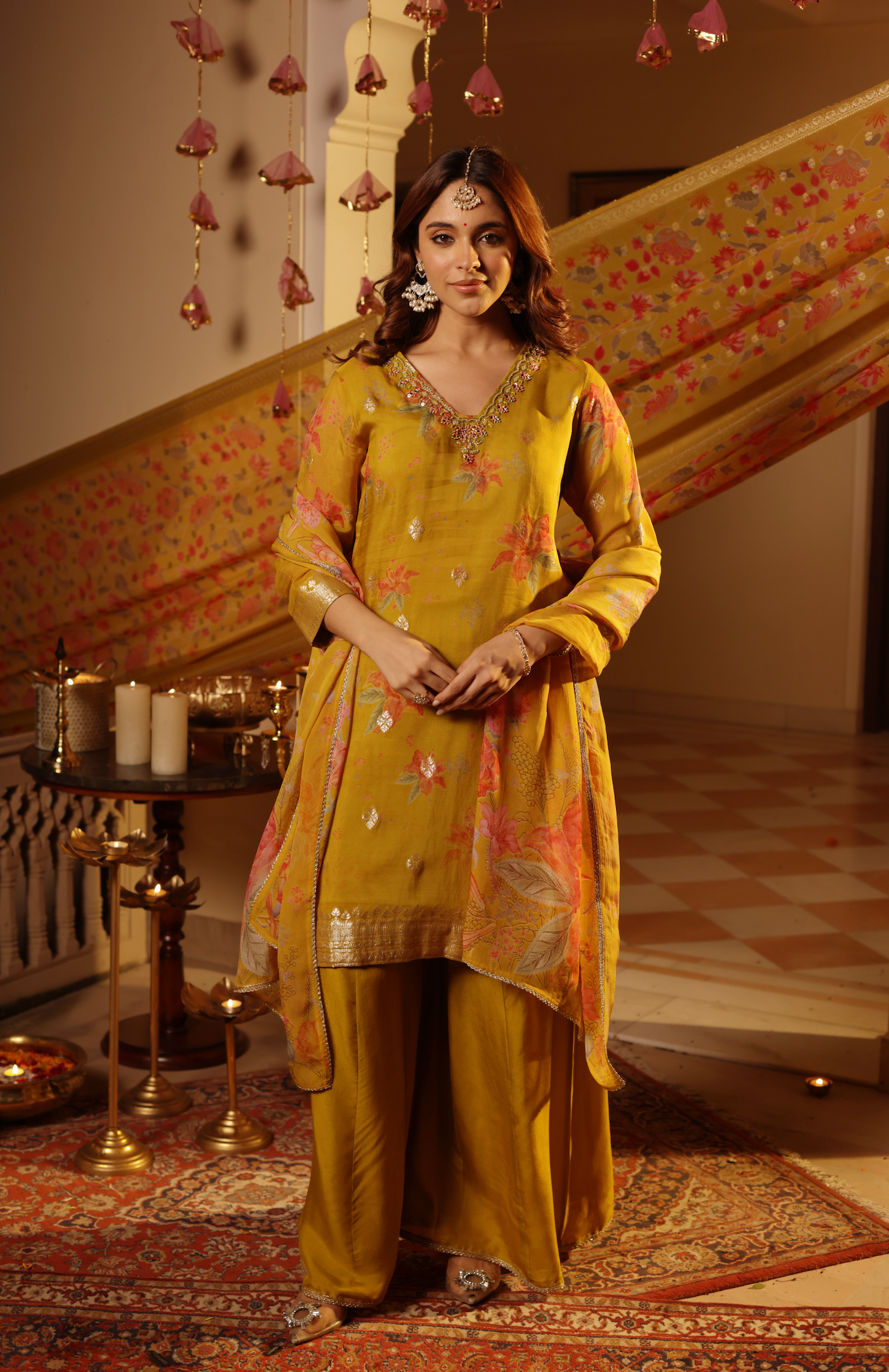 Mustard Organza Straight Suit Set