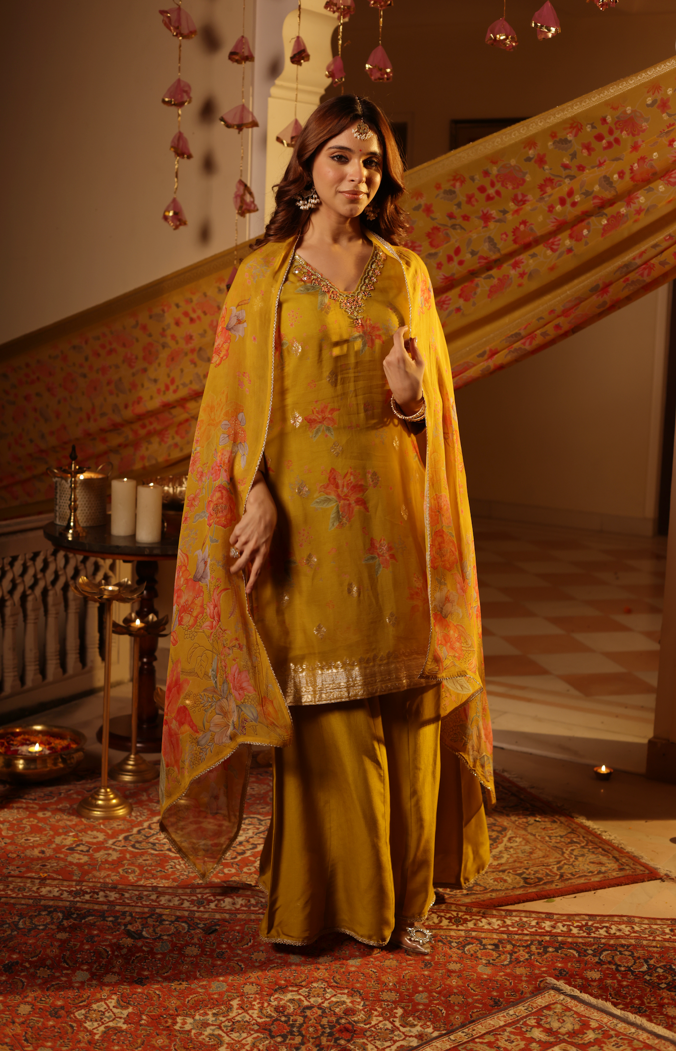 Mustard Organza Straight Suit Set