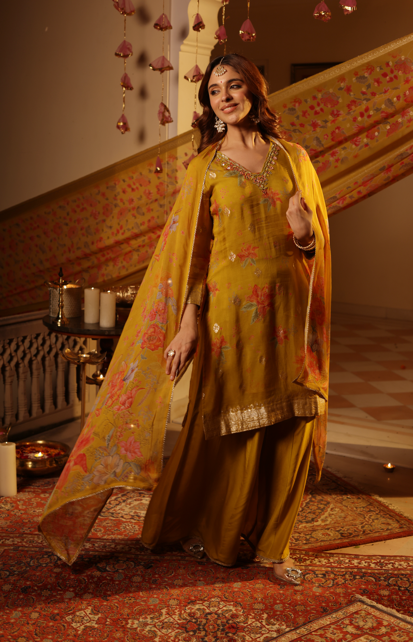 Mustard Organza Straight Suit Set