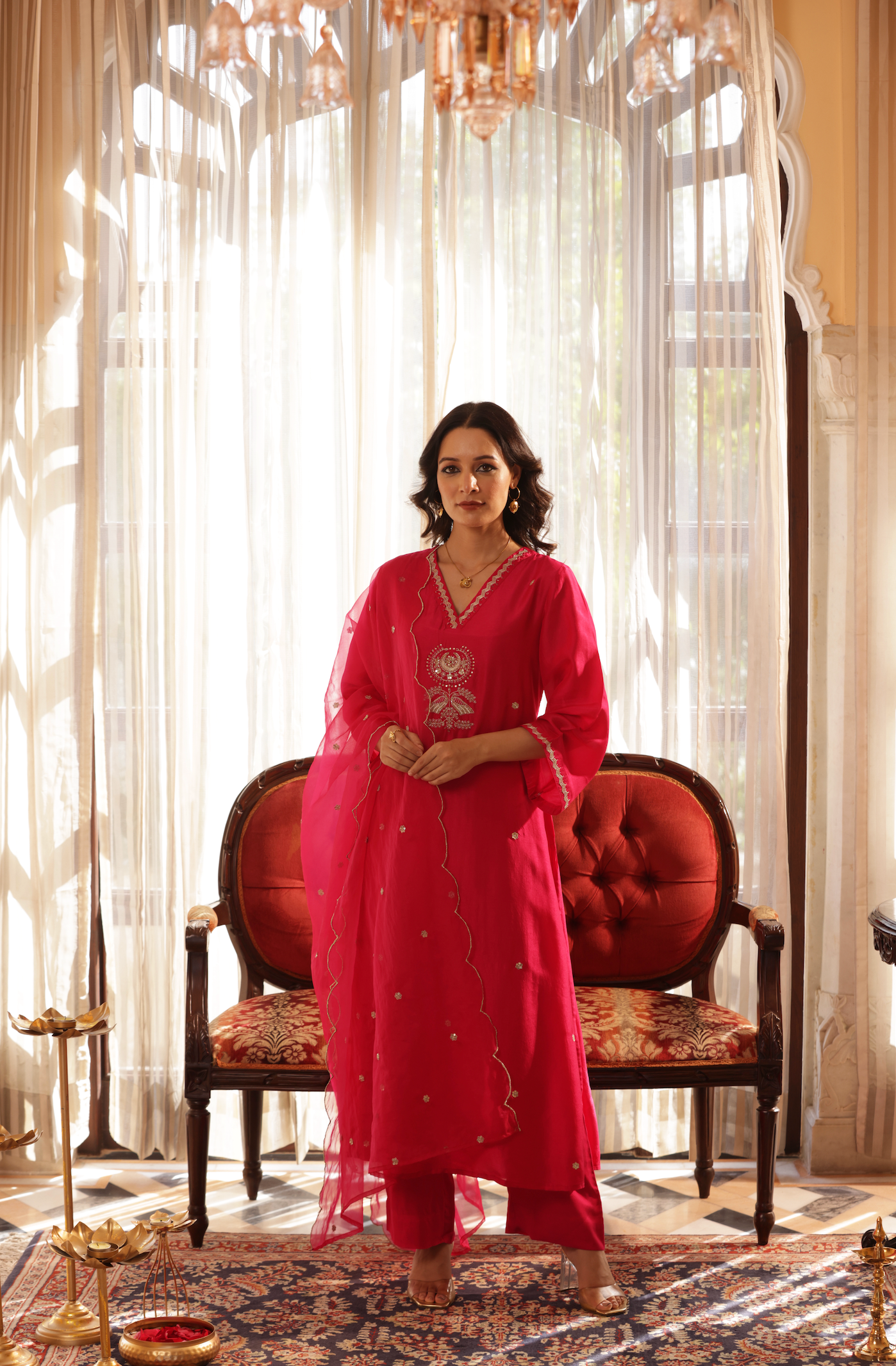 Bright Pink Silk Suit Set