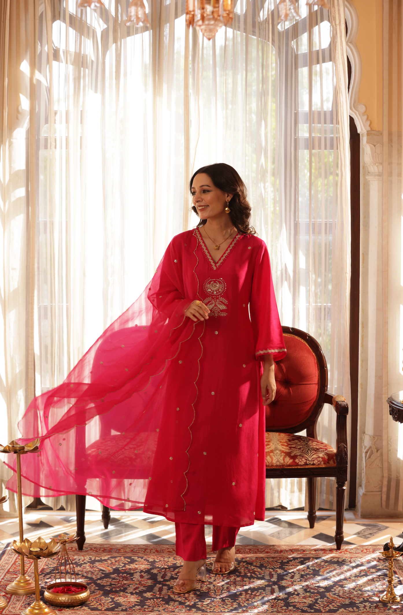 Bright Pink Silk Suit Set