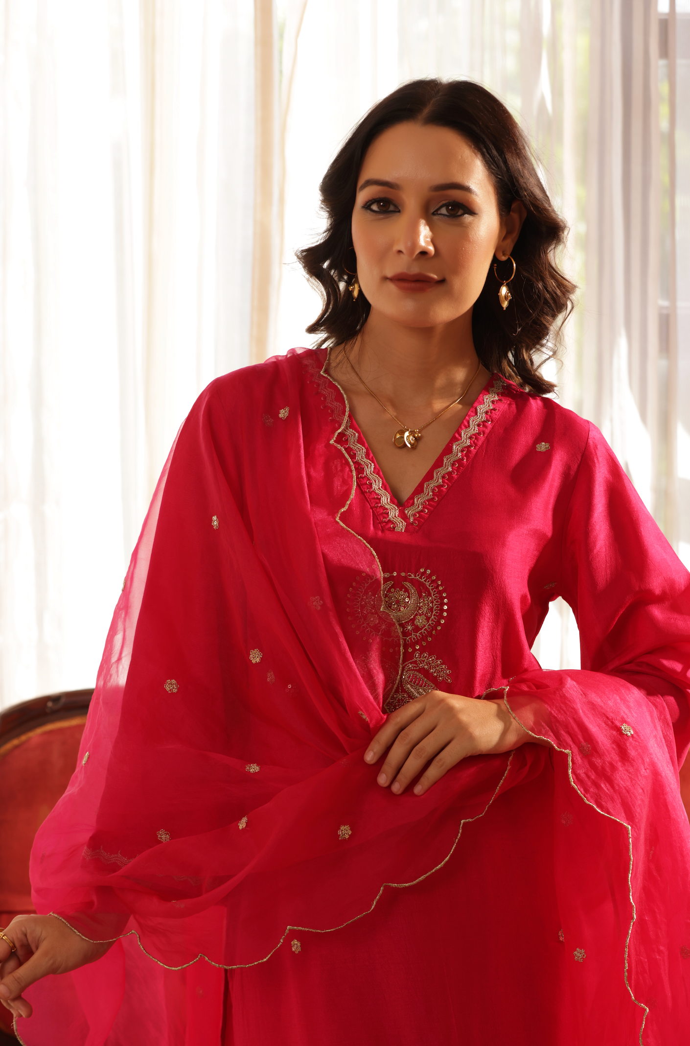 Bright Pink Silk Suit Set