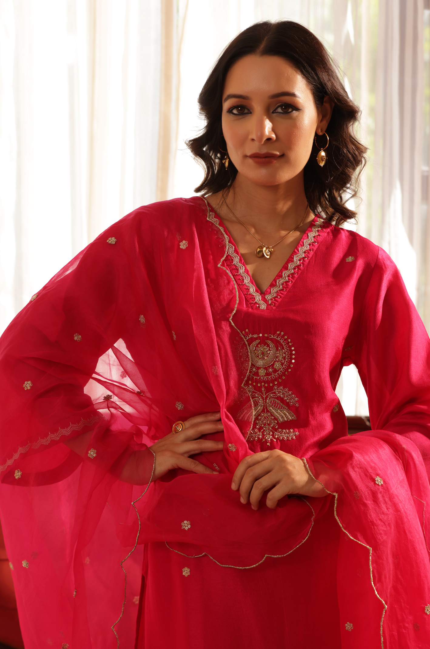 Bright Pink Silk Suit Set