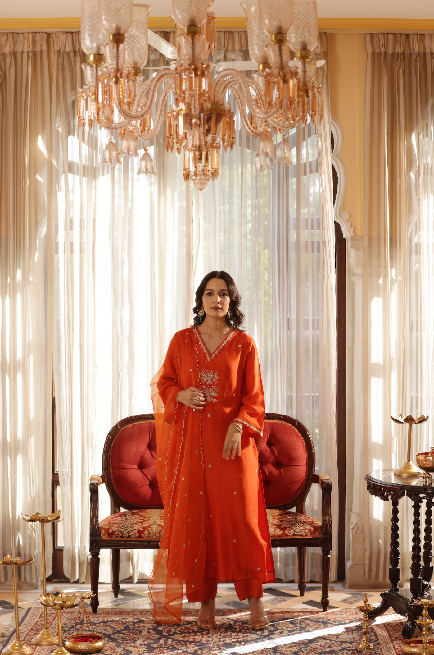 Vivid Orange Silk Suit Set