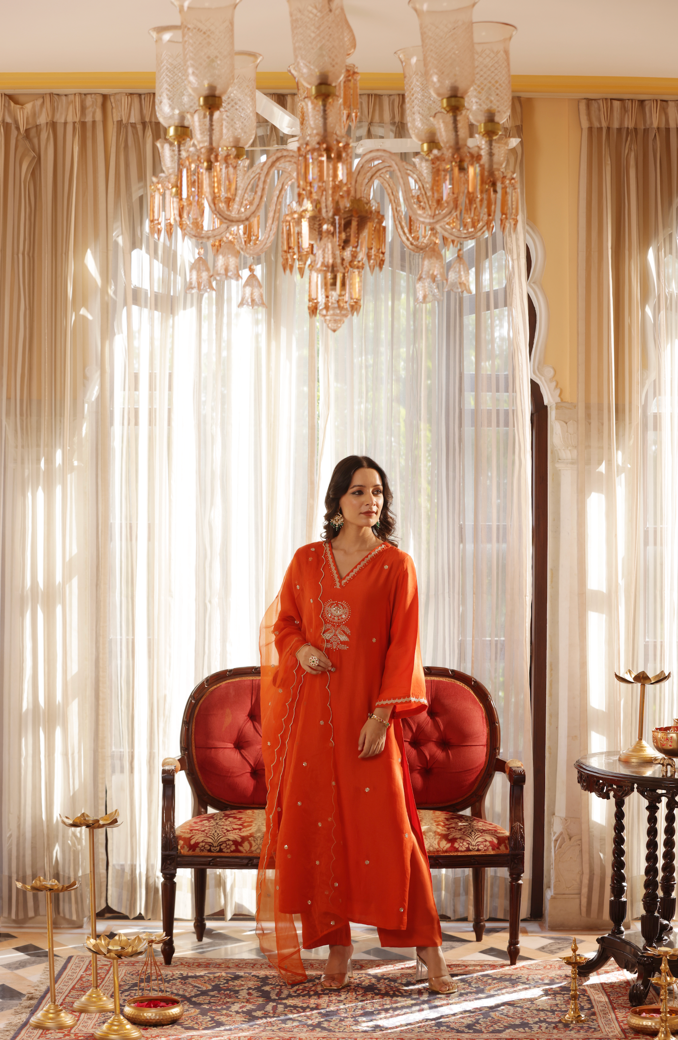 Vivid Orange Silk Suit Set