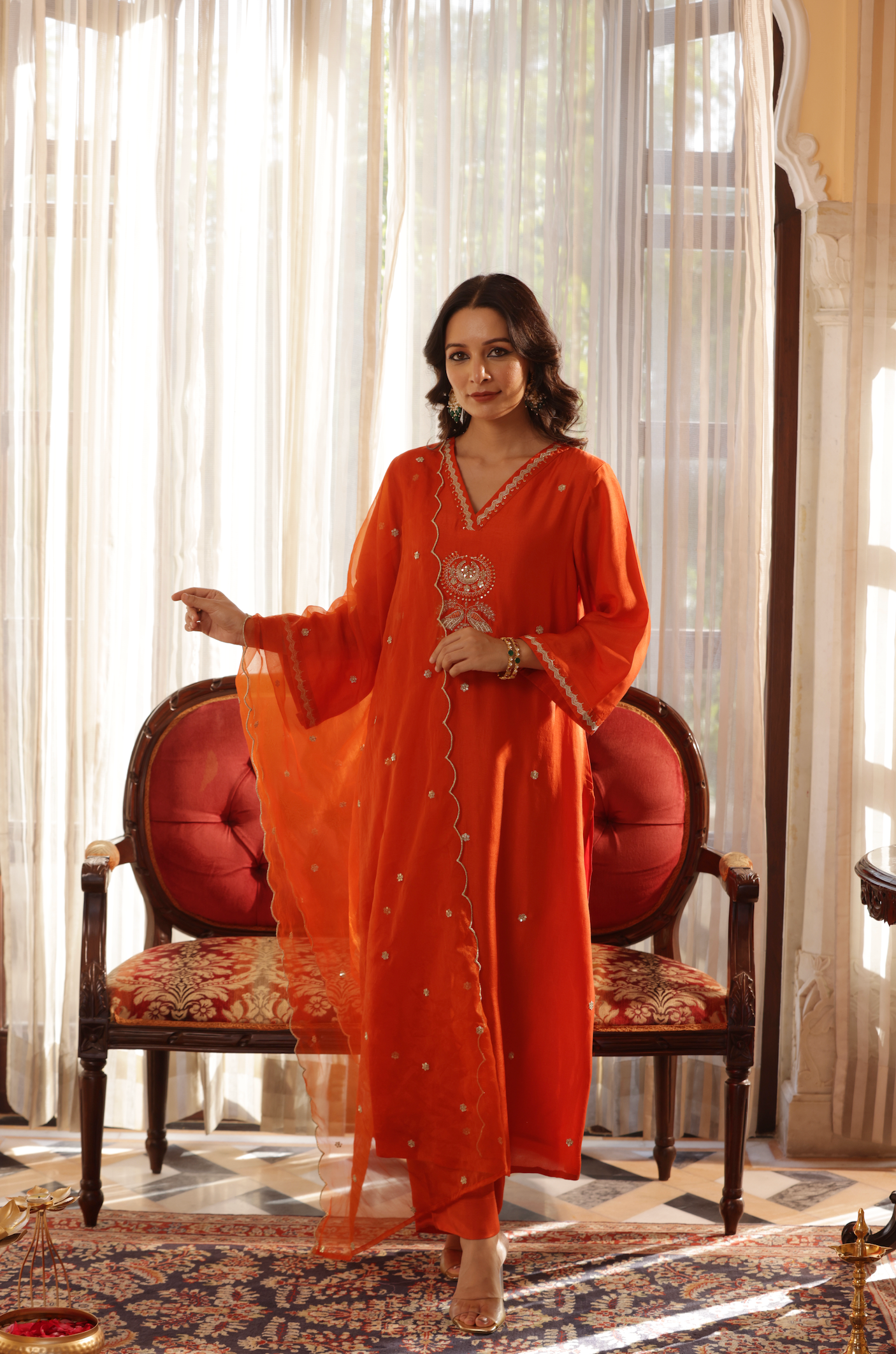 Vivid Orange Silk Suit Set