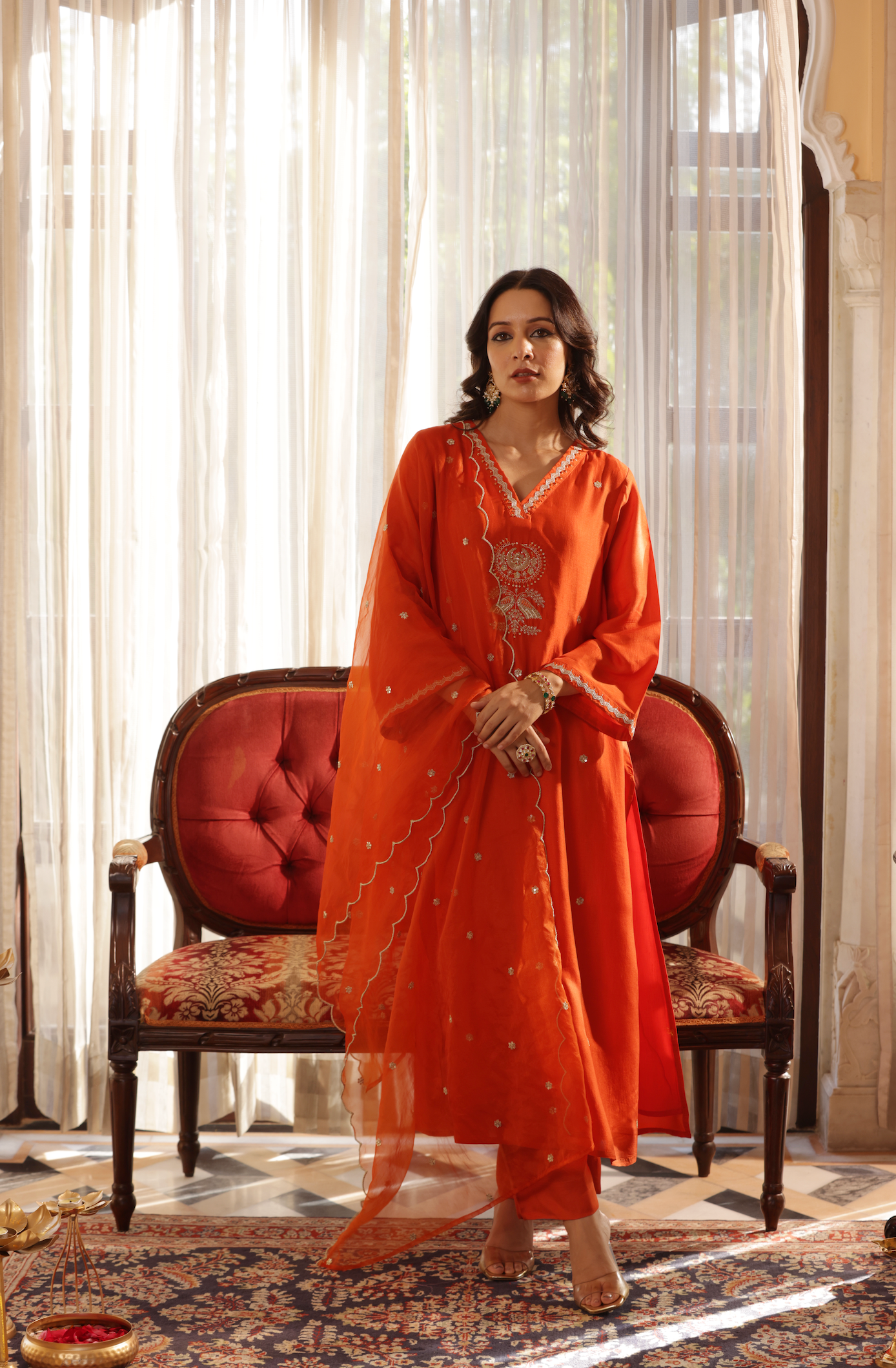 Vivid Orange Silk Suit Set