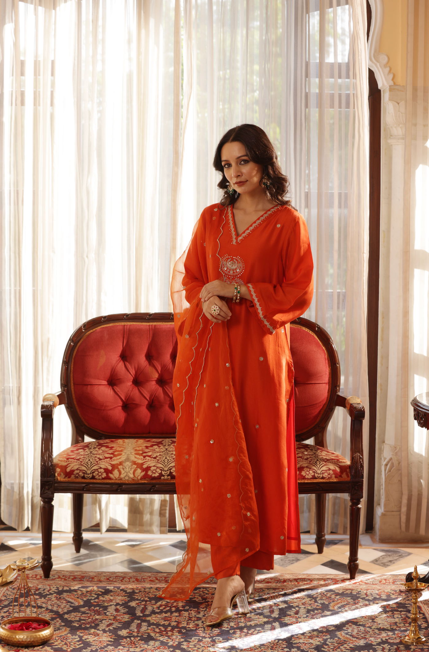 Vivid Orange Silk Suit Set