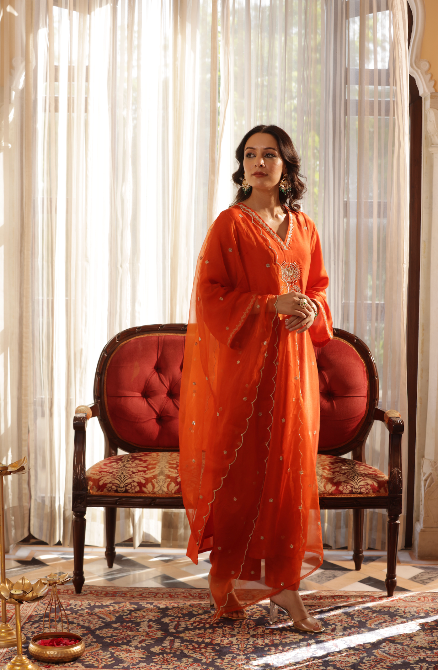 Vivid Orange Silk Suit Set