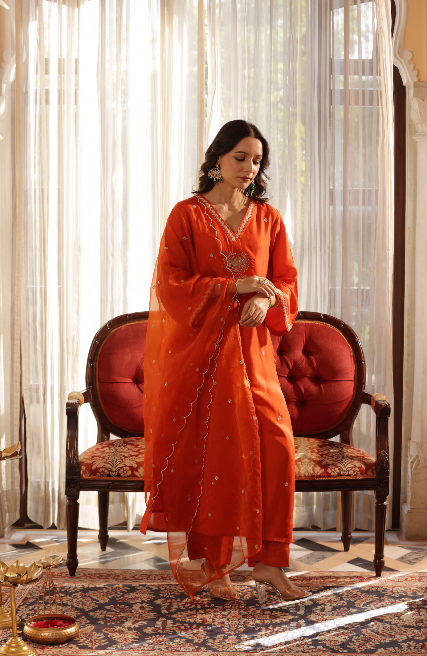 Vivid Orange Silk Suit Set