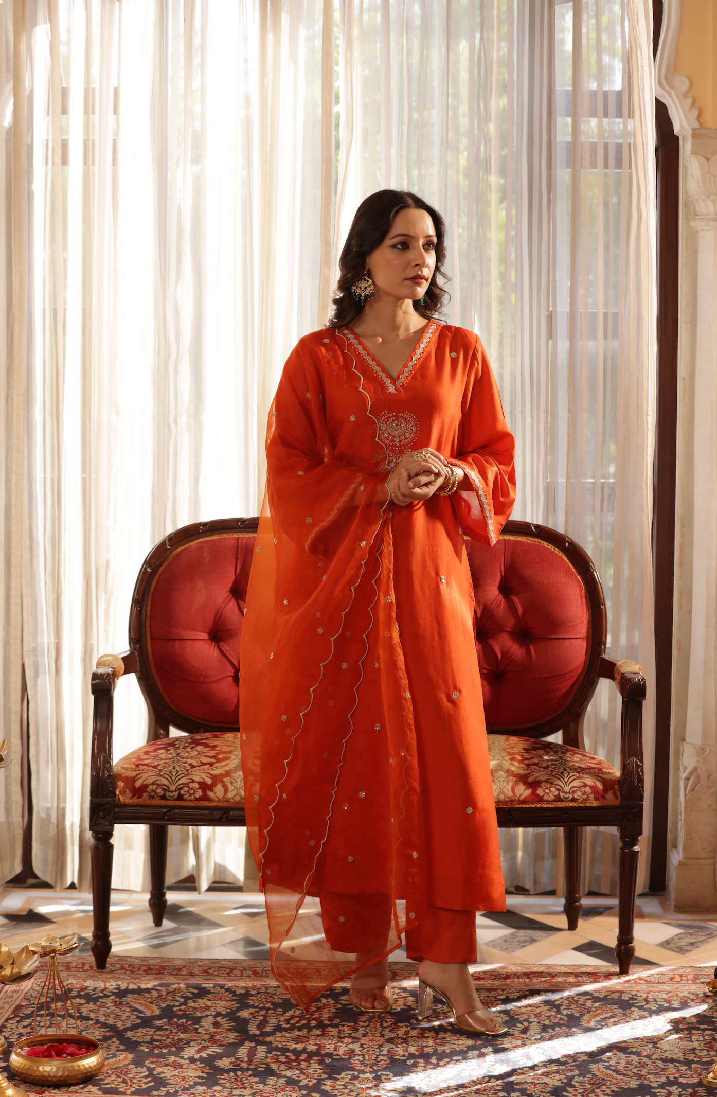 Vivid Orange Silk Suit Set