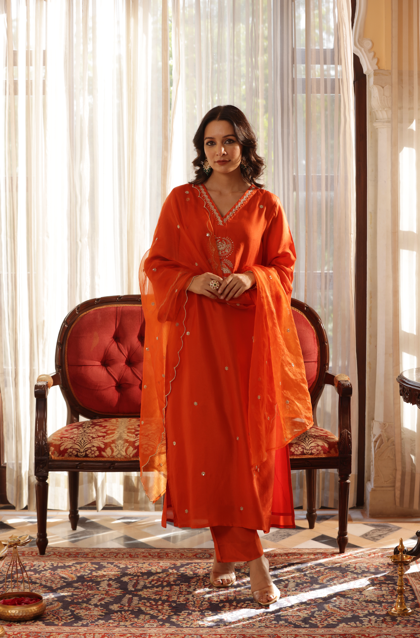 Vivid Orange Silk Suit Set