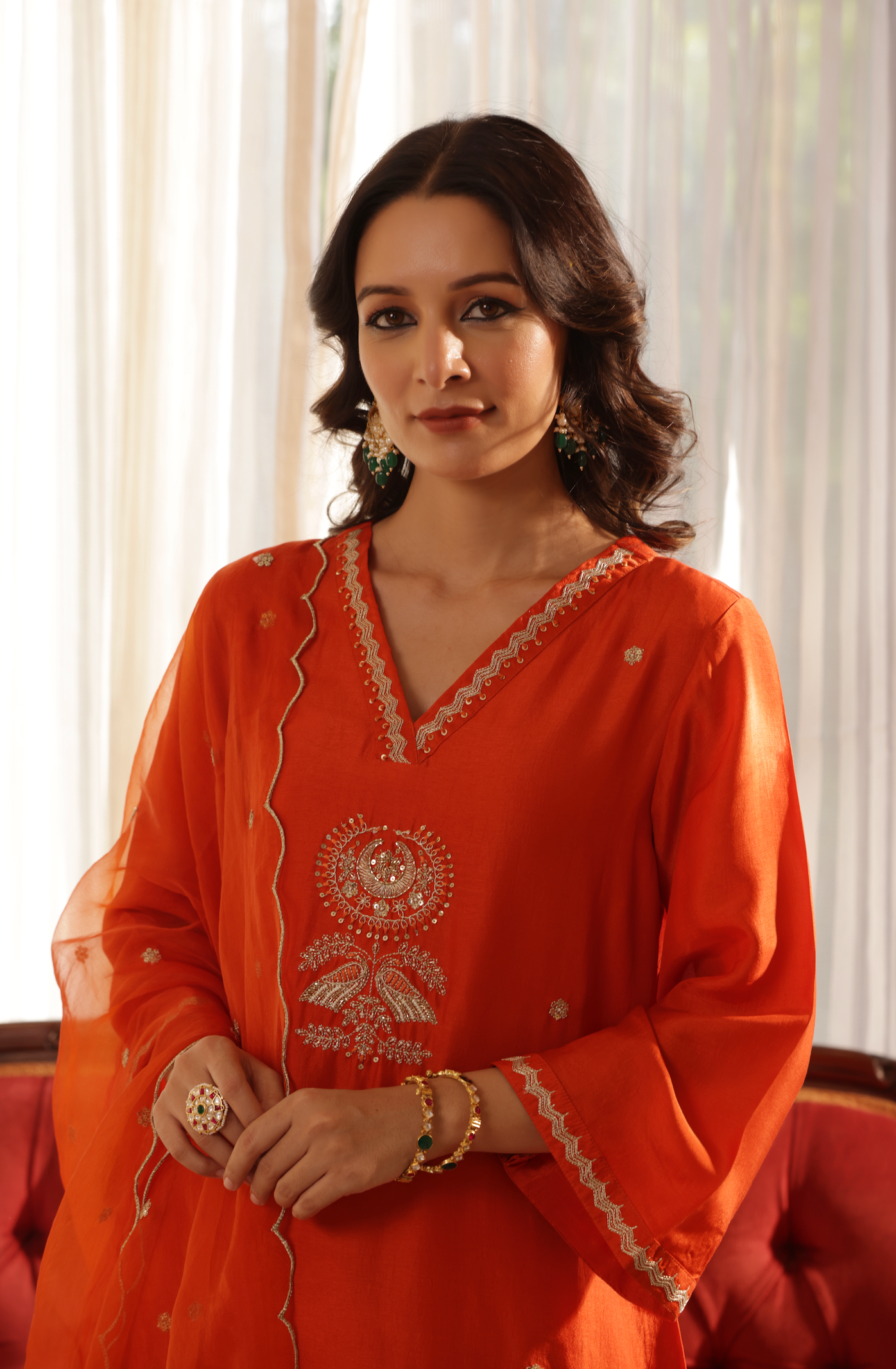 Vivid Orange Silk Suit Set