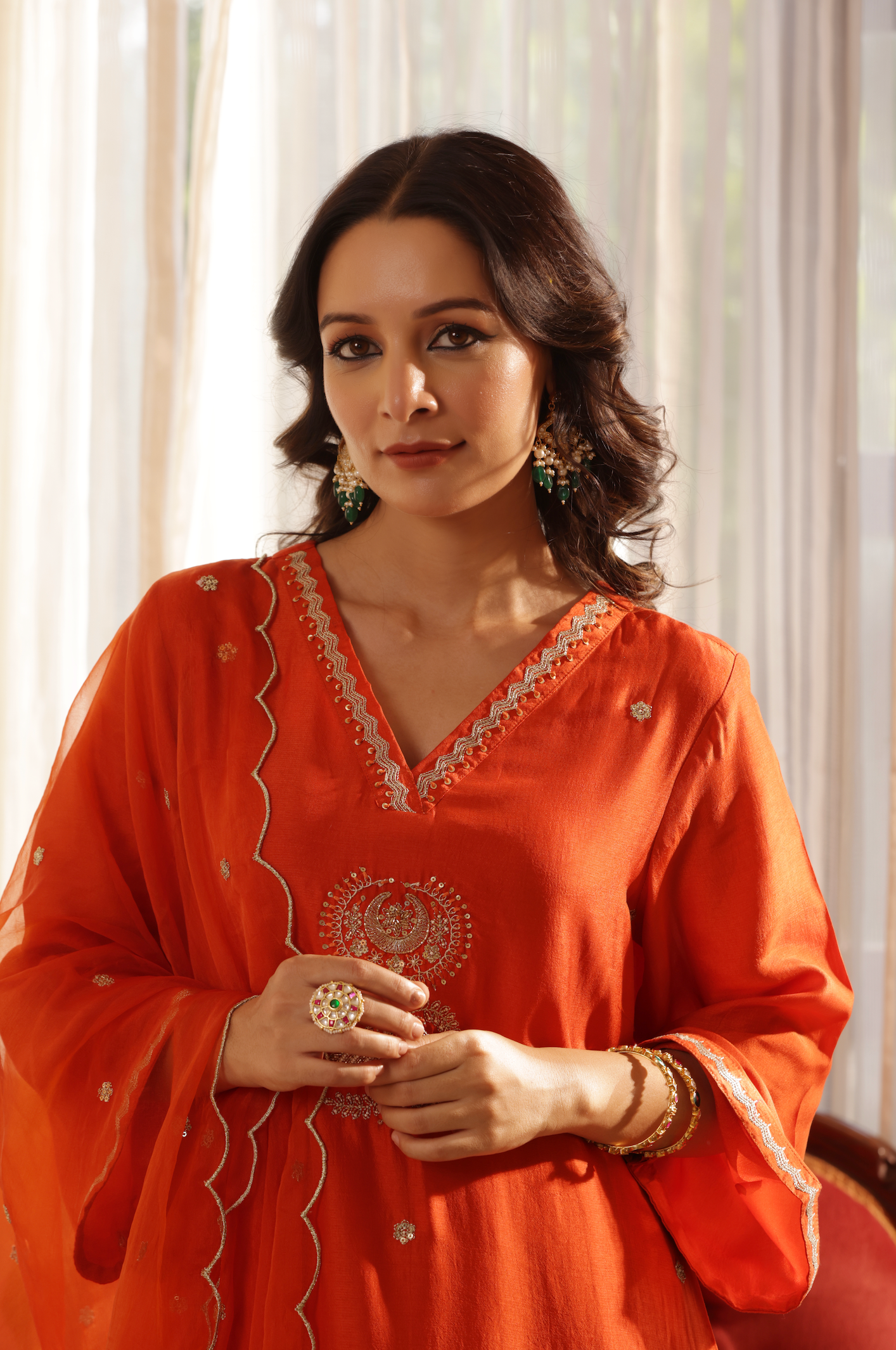 Vivid Orange Silk Suit Set