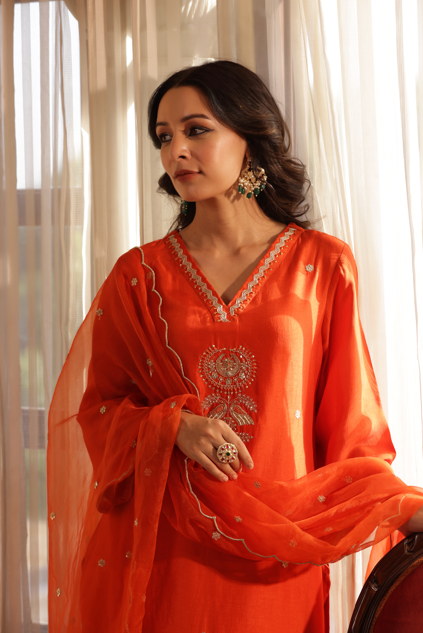 Vivid Orange Silk Suit Set