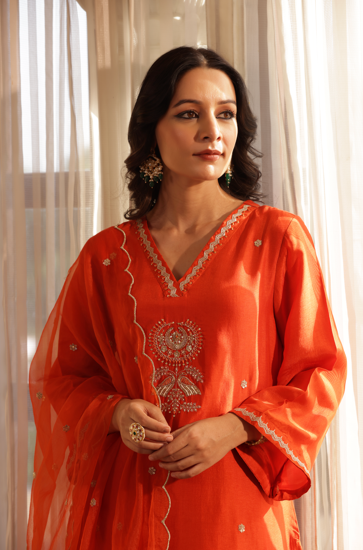 Vivid Orange Silk Suit Set