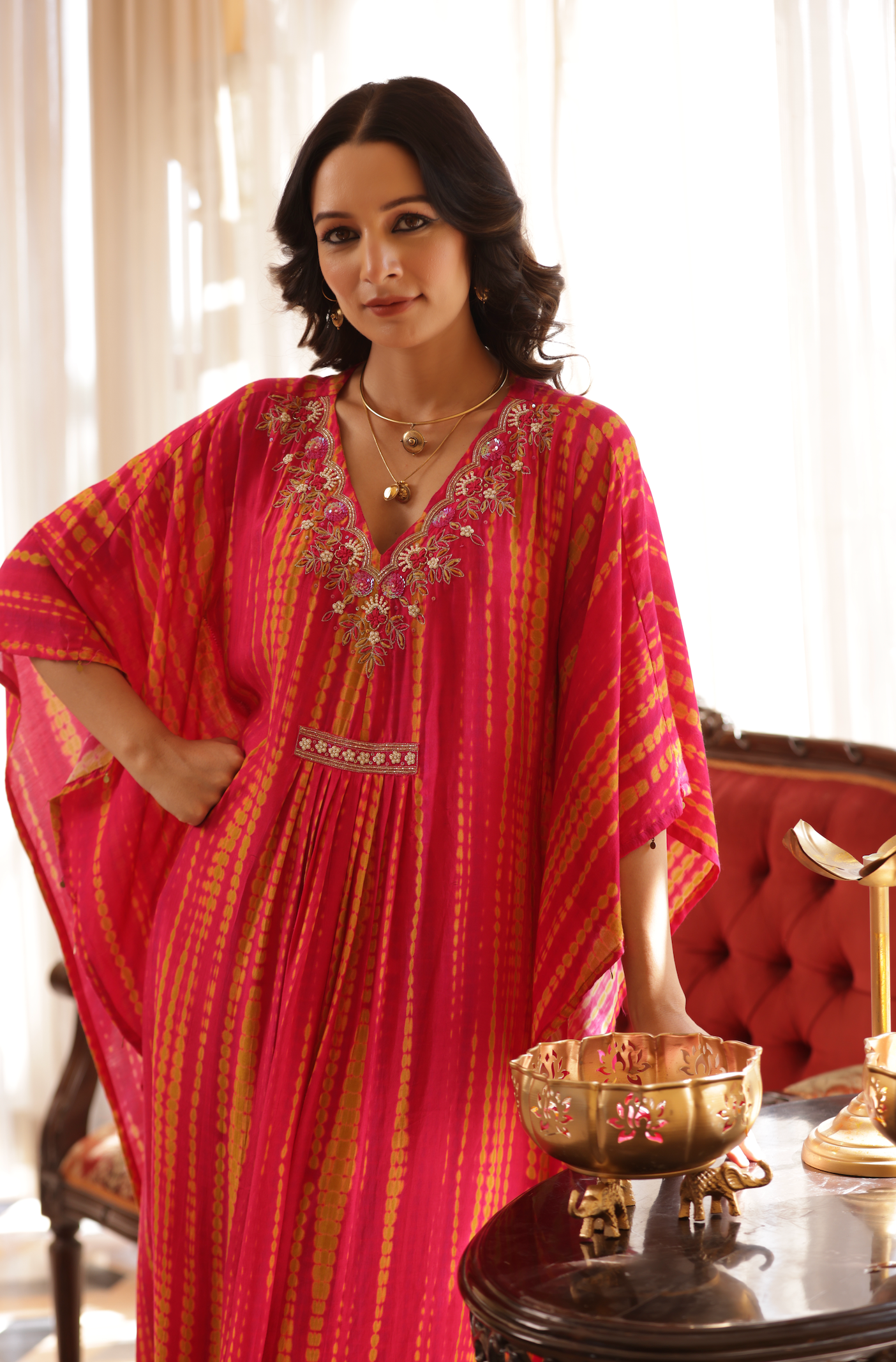 Fuchsia Embellished  Premium Kaftan Set