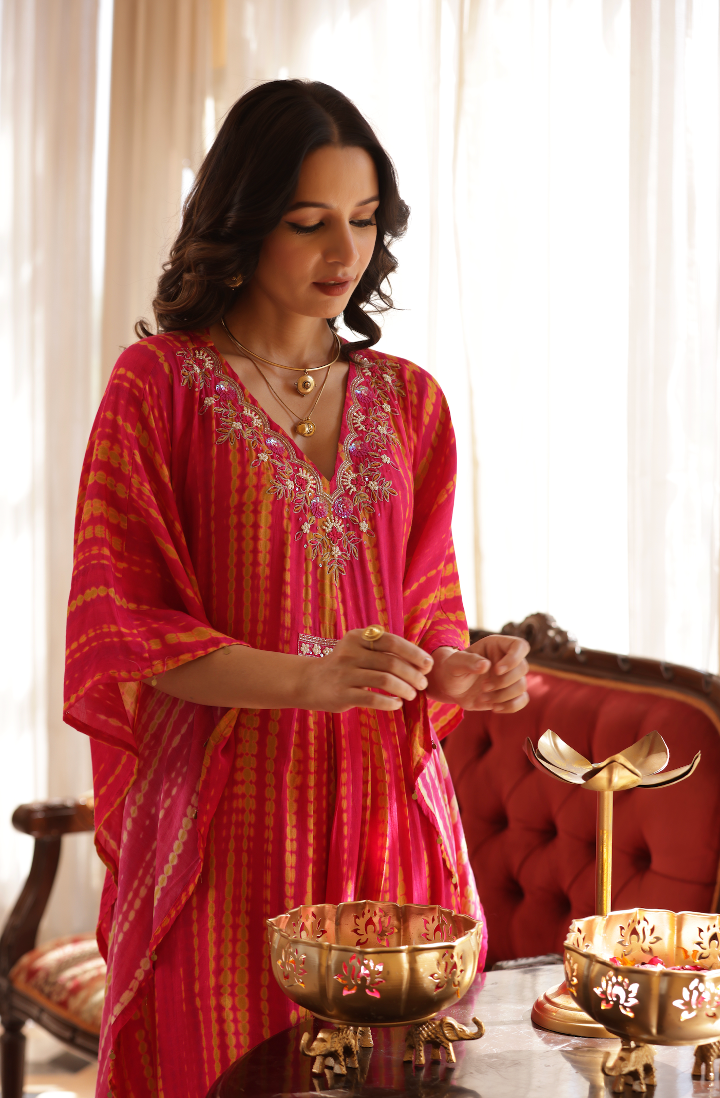 Fuchsia Embellished  Premium Kaftan Set