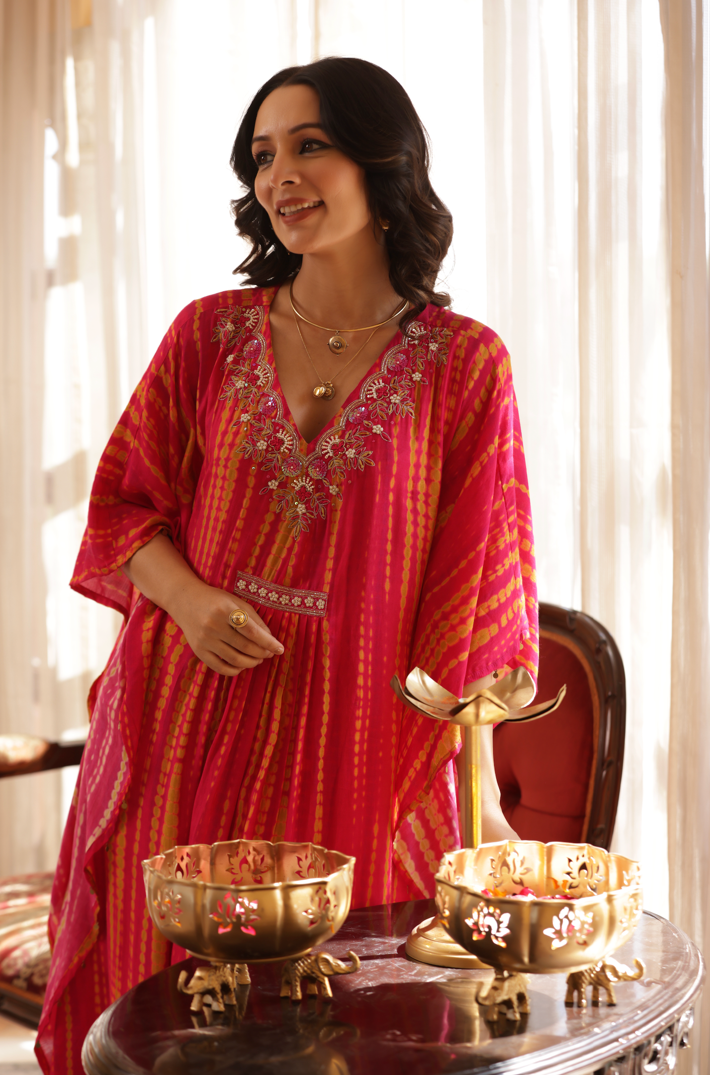 Fuchsia Embellished  Premium Kaftan Set