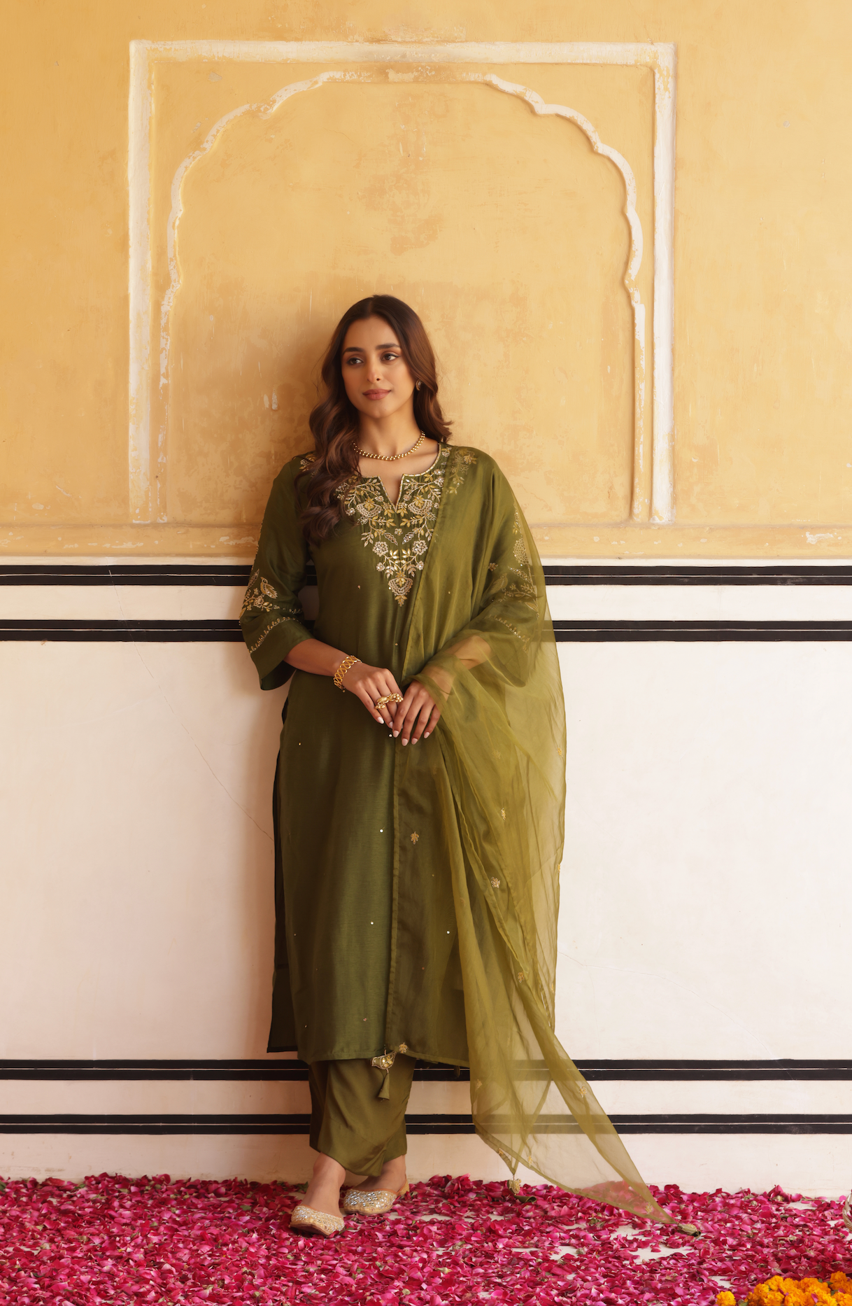 Dark Olive Green Silk Suit Set