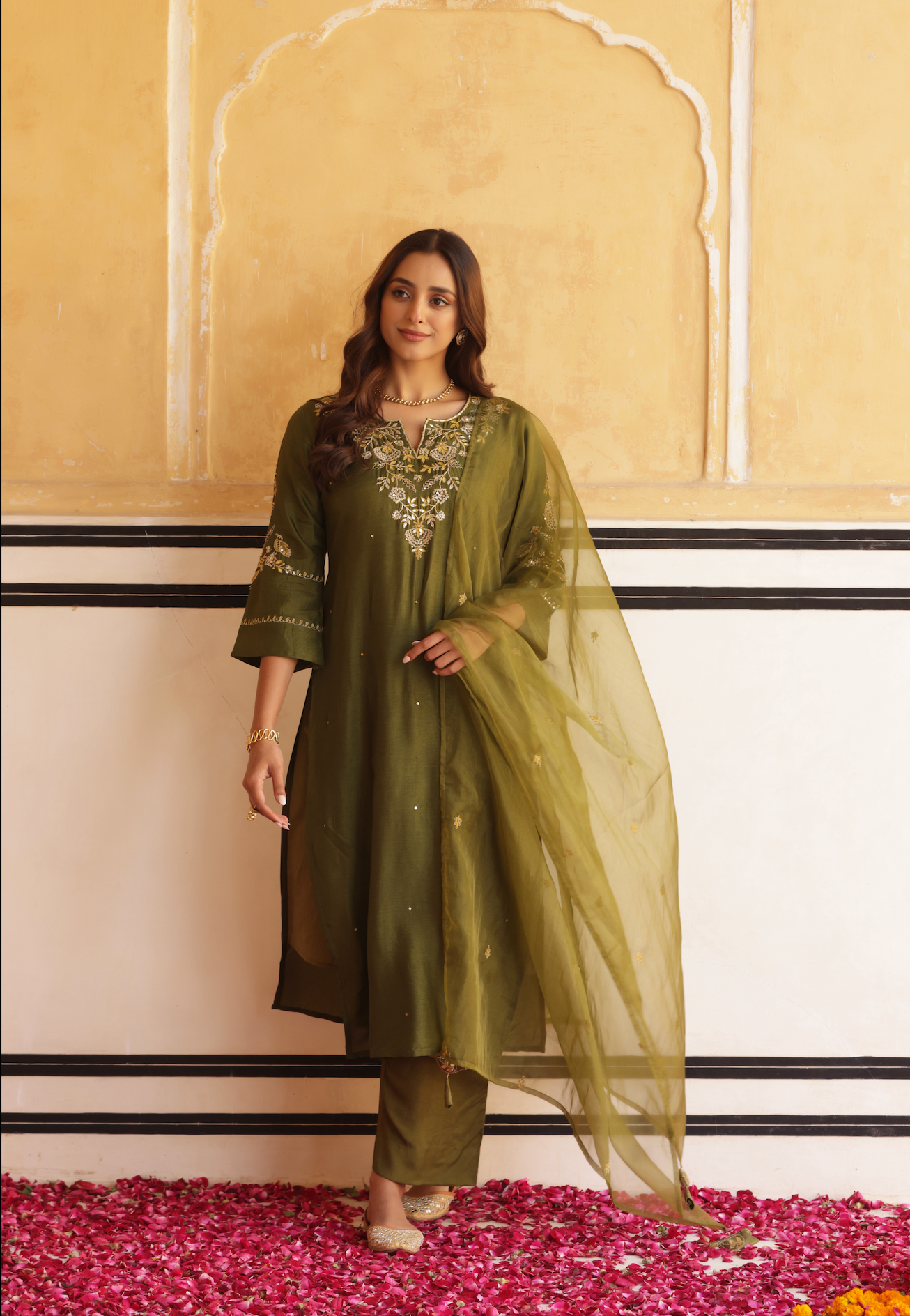 Dark Olive Green Silk Suit Set