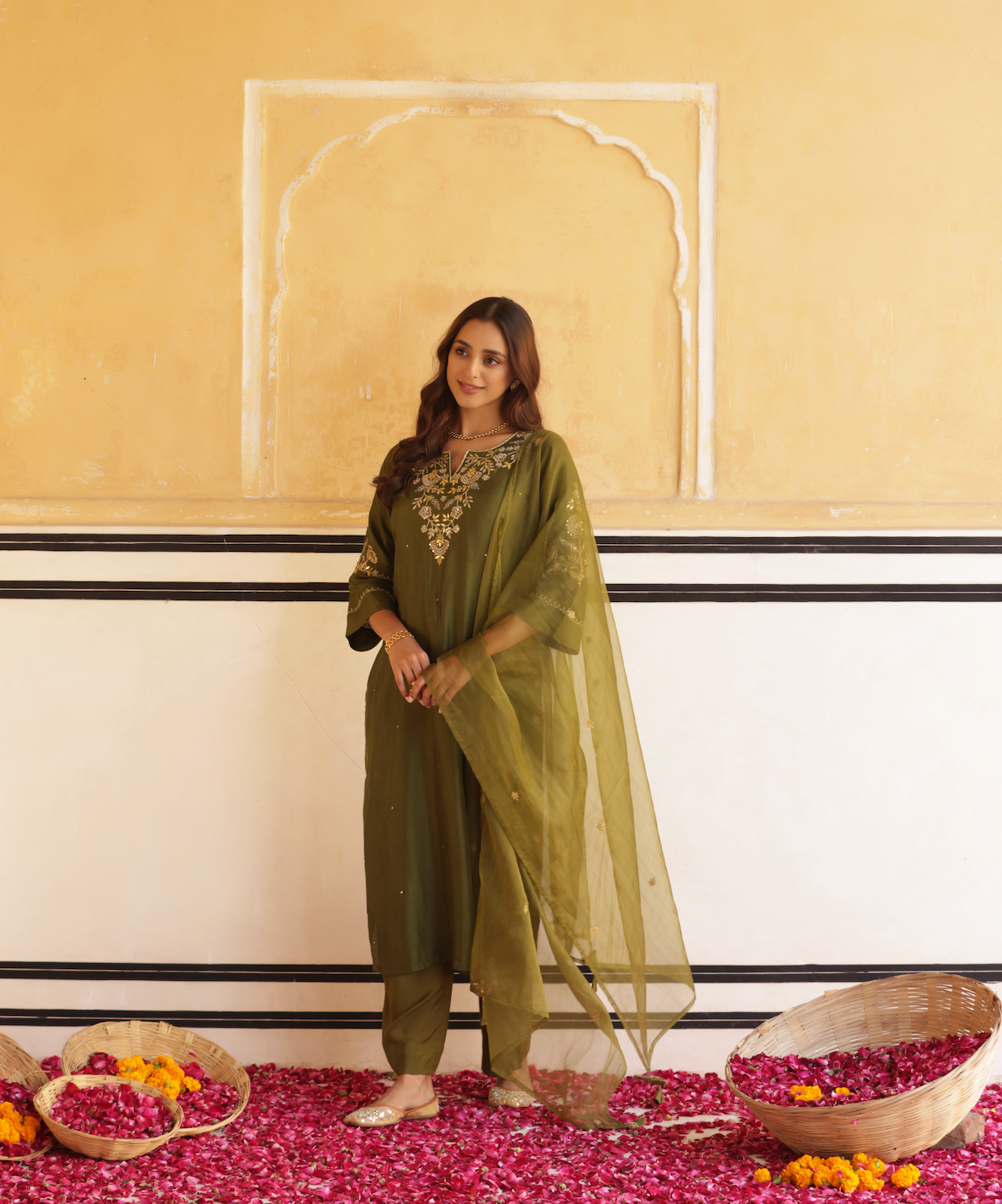 Dark Olive Green Silk Suit Set