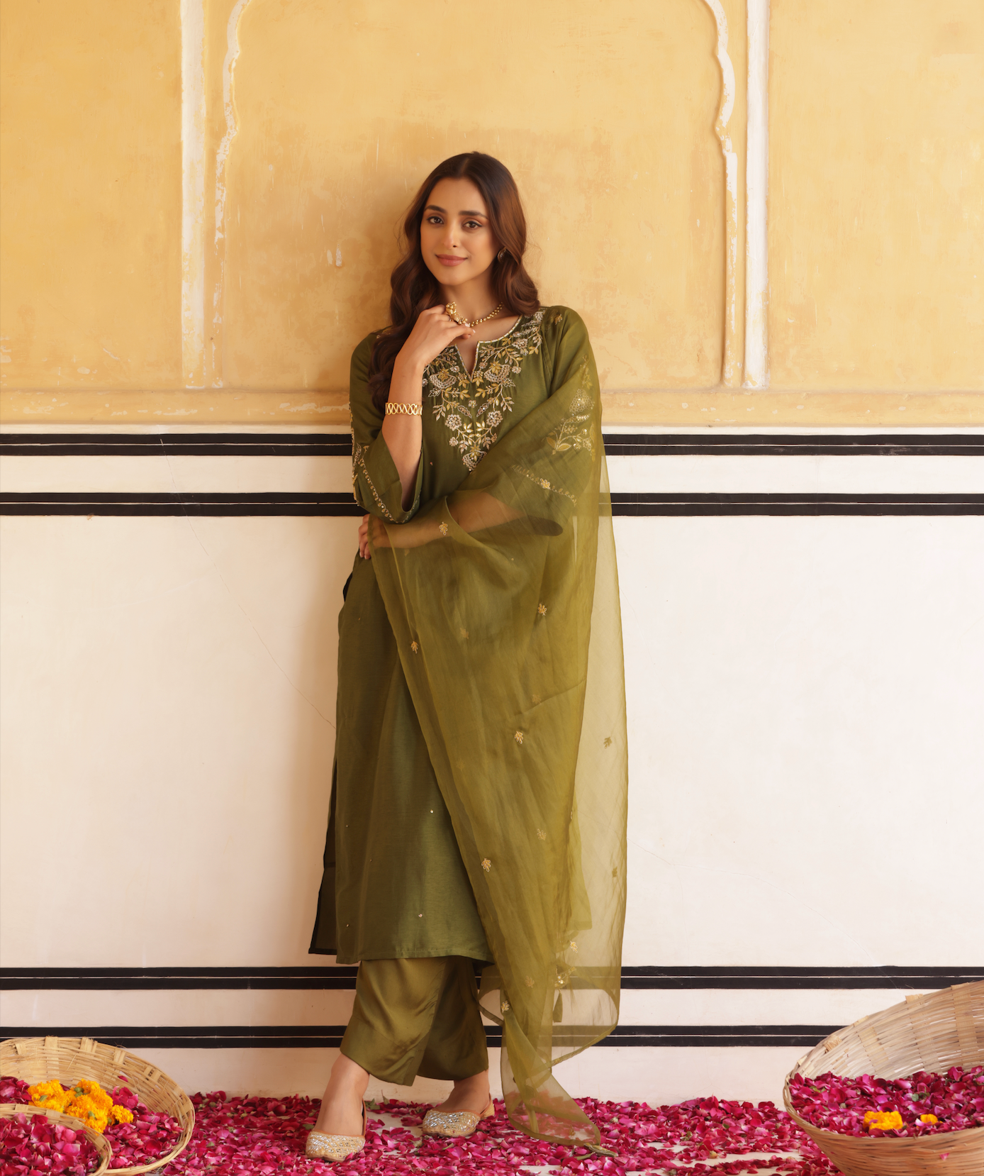 Dark Olive Green Silk Suit Set