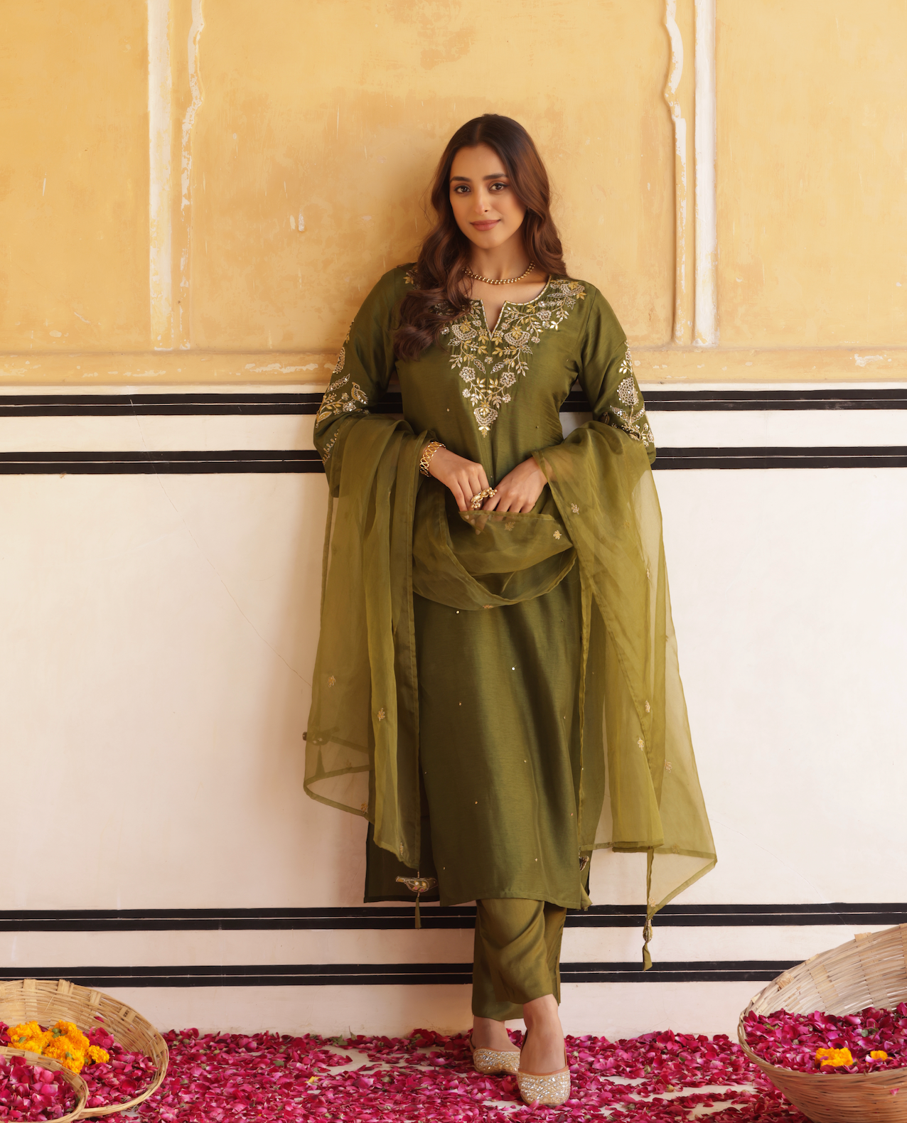 Dark Olive Green Silk Suit Set