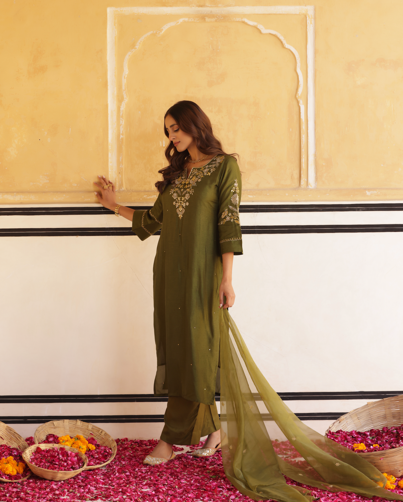 Dark Olive Green Silk Suit Set