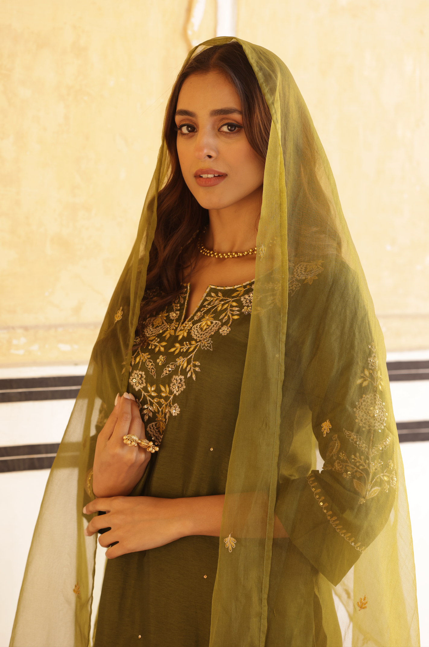 Dark Olive Green Silk Suit Set