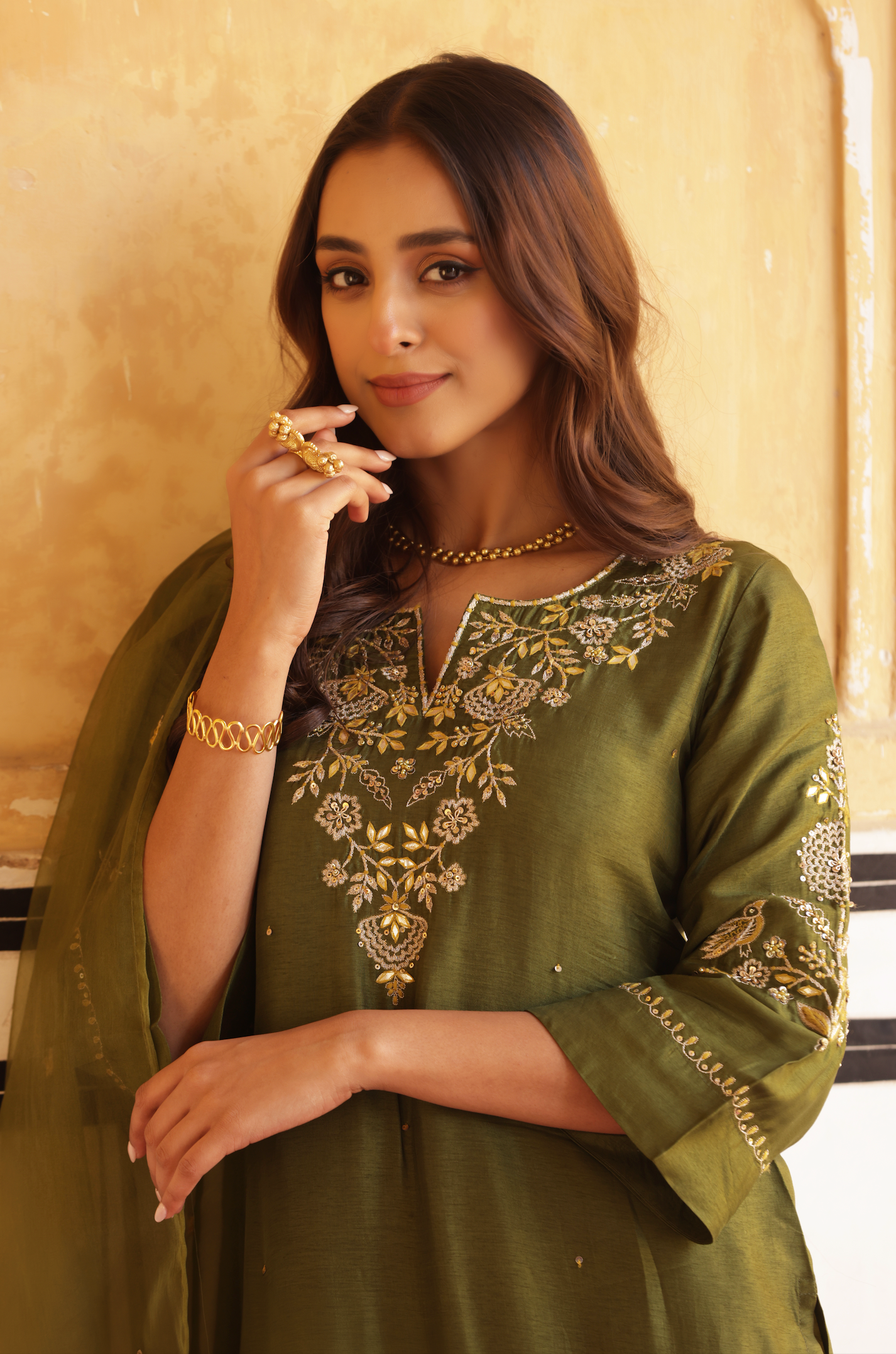 Dark Olive Green Silk Suit Set