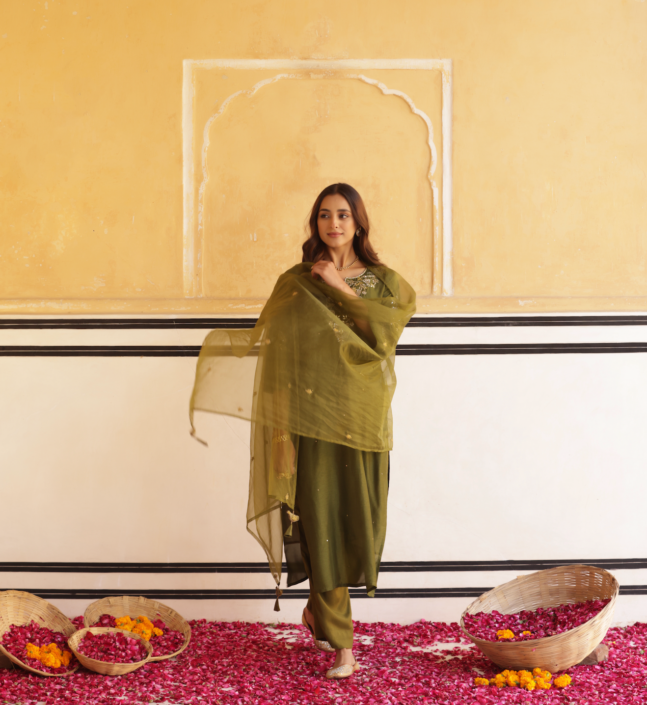 Dark Olive Green Silk Suit Set