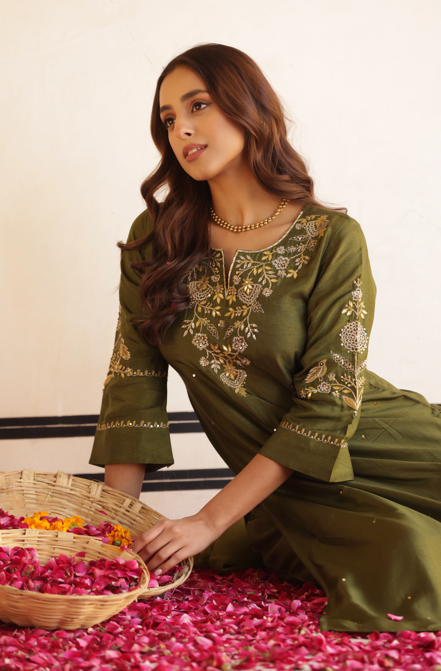 Dark Olive Green Silk Suit Set