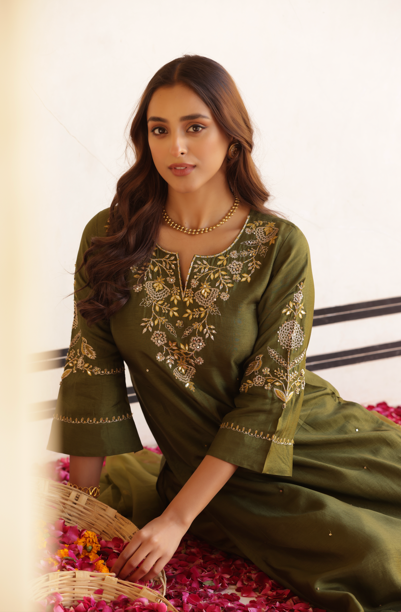 Dark Olive Green Silk Suit Set