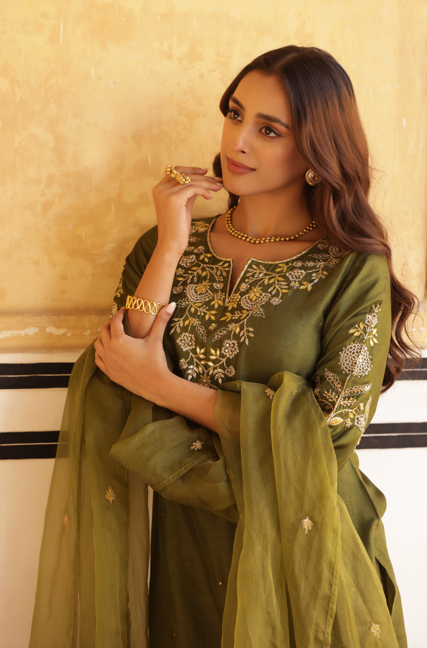 Dark Olive Green Silk Suit Set