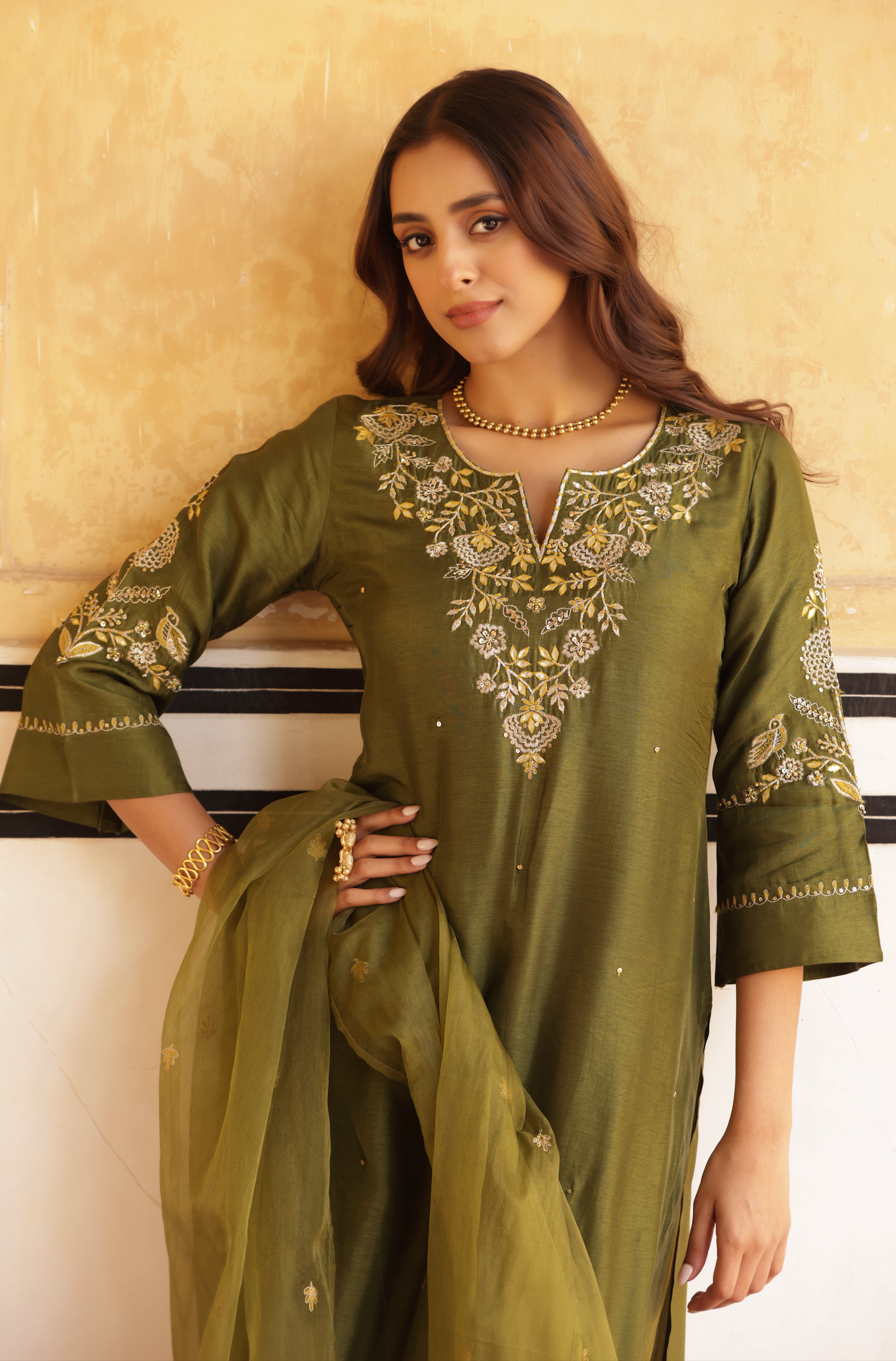 Dark Olive Green Silk Suit Set