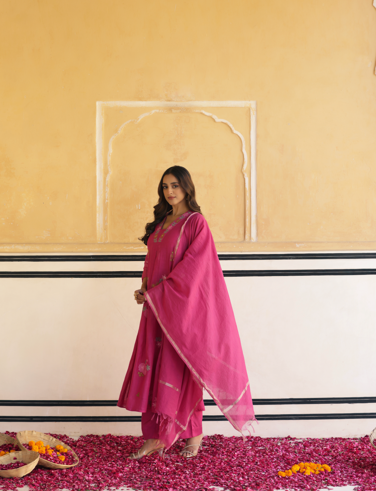 Rosewood Pink Chanderi Suit Set