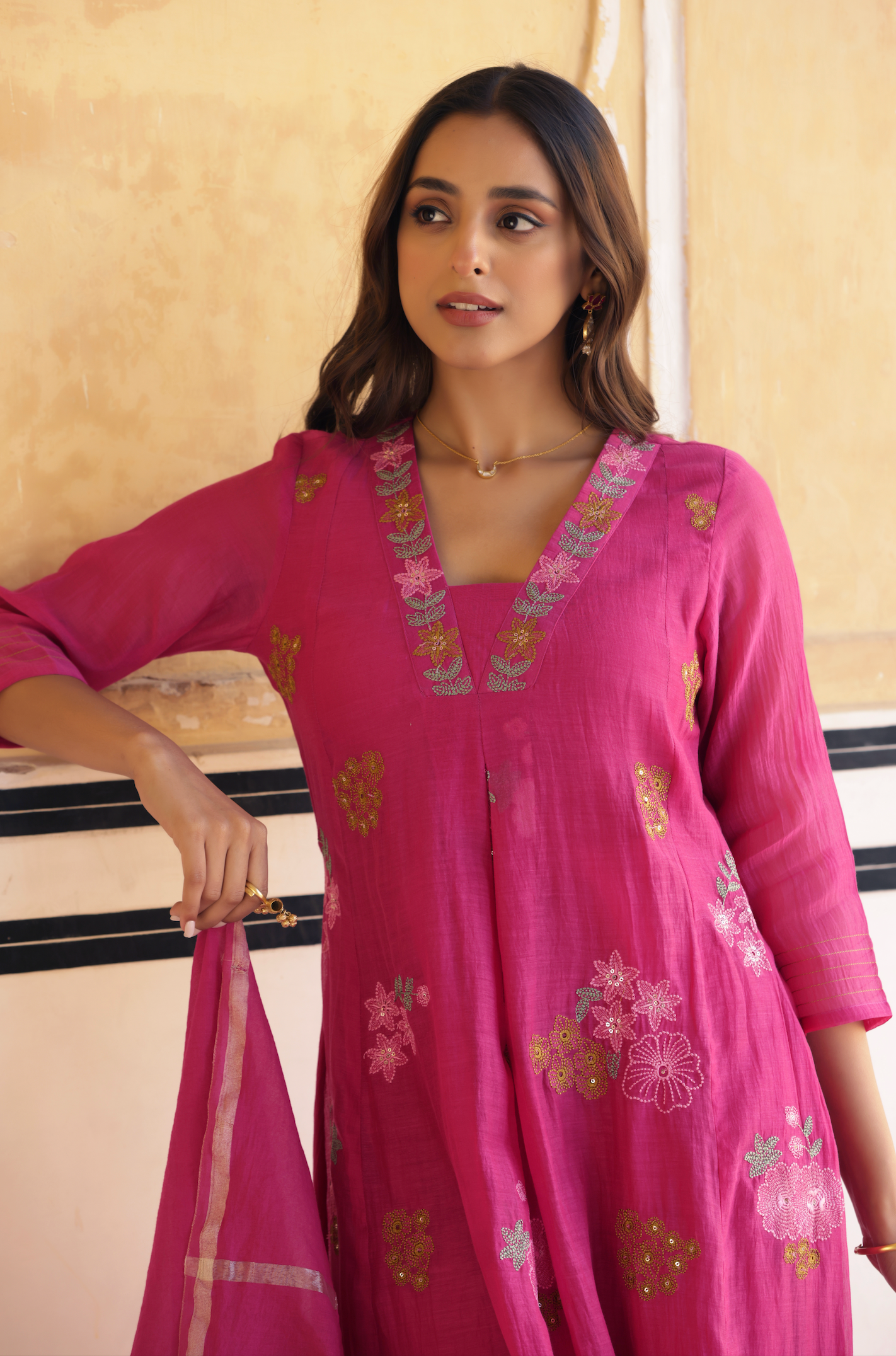 Rosewood Pink Chanderi Suit Set