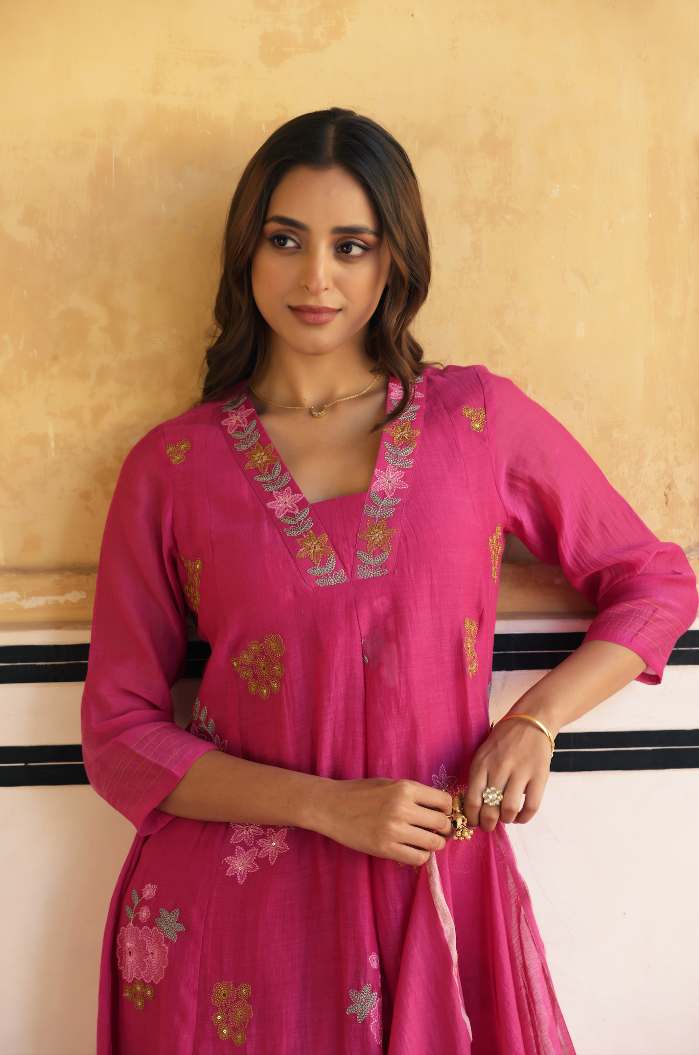 Rosewood Pink Chanderi Suit Set