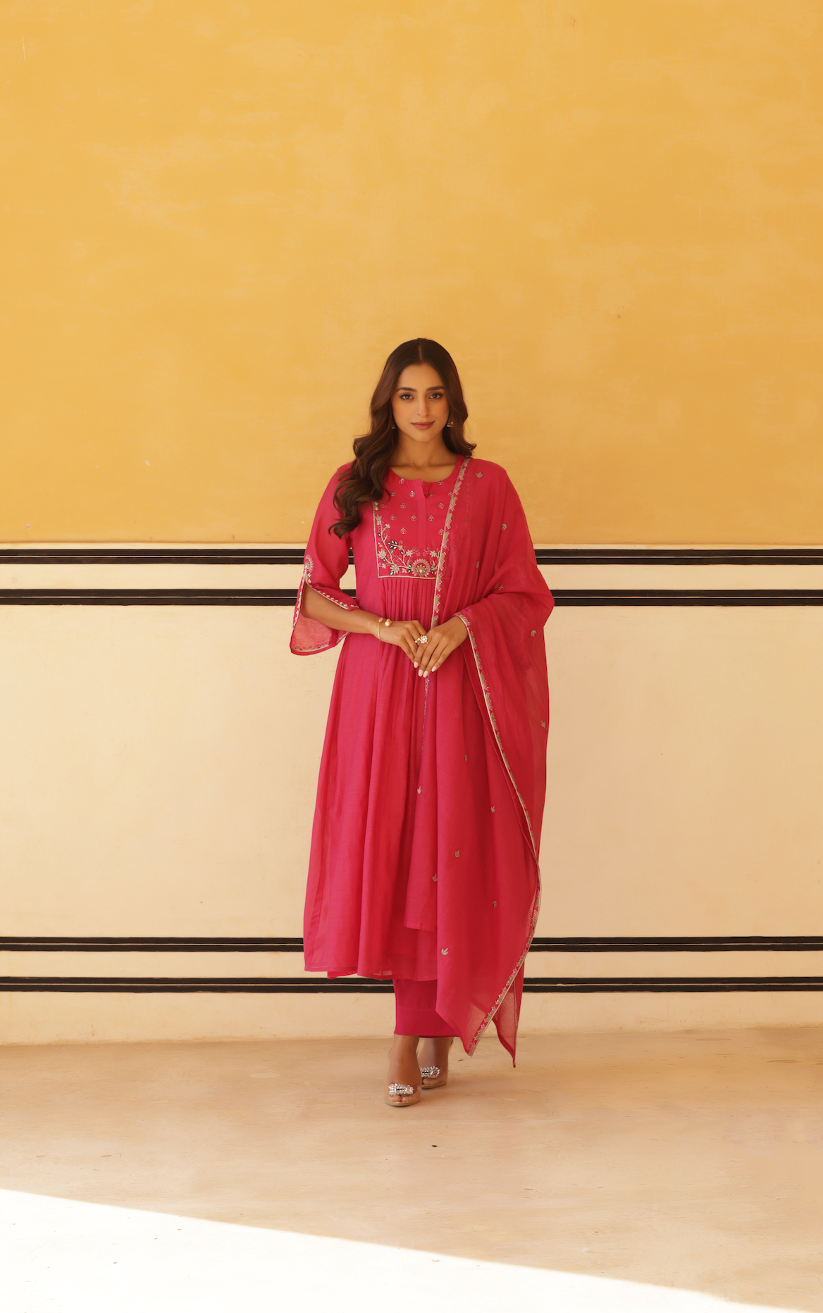 Vibrant Pink Pure Mul Chanderi Flared Kurta.